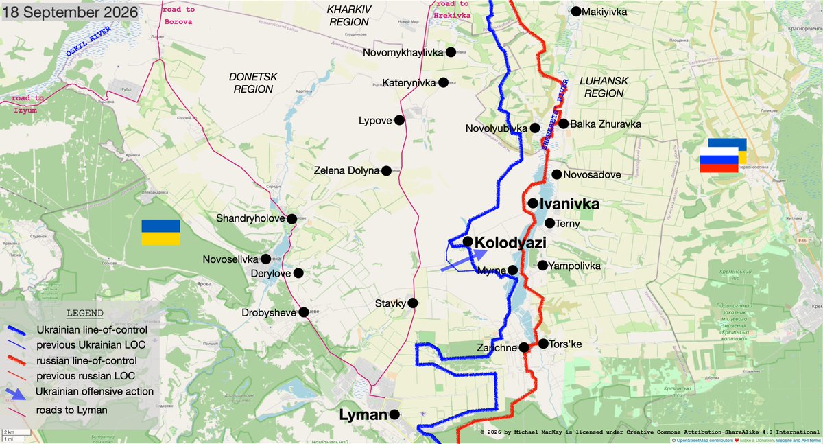 mhmck's tweet photo. Ukrainian defenders further consolidated their gains north of Lyman, pushing the russian fascist invaders back to the Zherebets' River.

The Ukrainians are carefully shifting the village of Kolodyazi from the grey zone to UA-controlled. https://t.co/V1FbVFremB