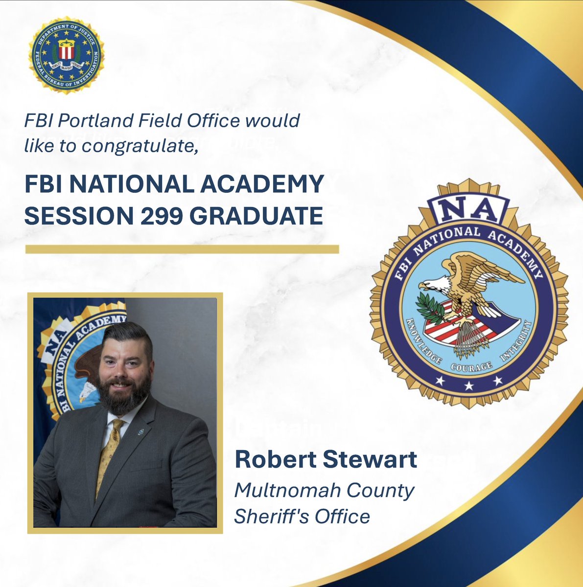 FBIPortland's tweet photo. Congratulations to the graduates of the #FBI National Academy, Session 299, especially our law enforcement partners from Oregon! The FBI National Academy is a leadership training program for local, state, tribal, and federal law enforcement partners from FBI instructors, their class peers, and more to bring back to their law enforcement agencies.