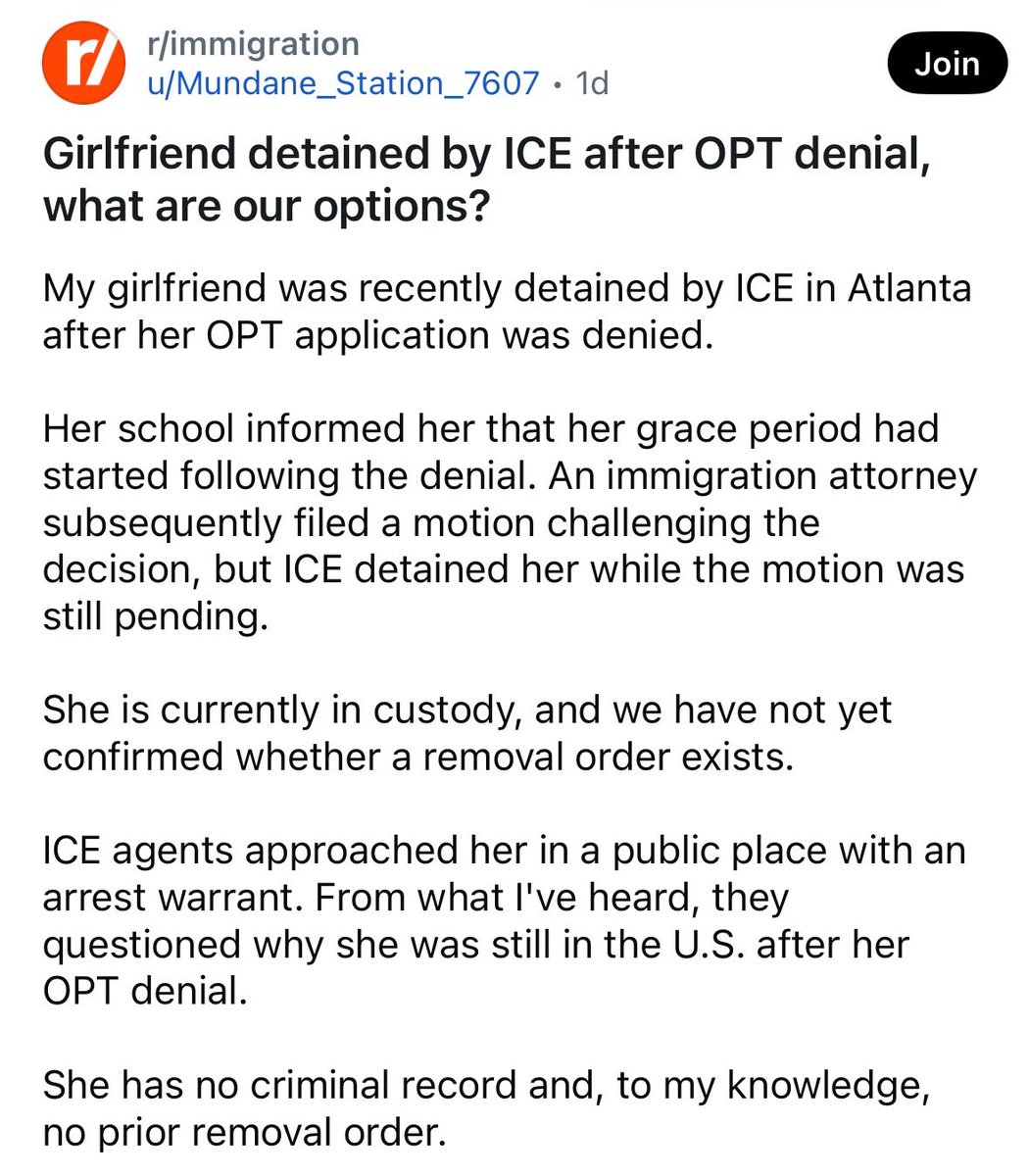 redditdeportees's tweet photo. Redditor’s girlfriend detained by ICE after her work visa was denied. https://t.co/mfuUGF1xGH