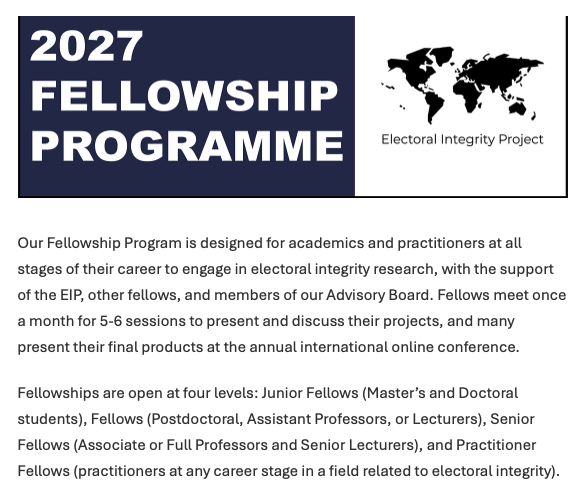PippaN15's tweet photo. Applications for the 2027 Electoral Integrity Fellowship program is open until 30 Oct. Apply here and please pass on...
https://t.co/oTQmxJUlpx https://t.co/LtSiI6HrqC