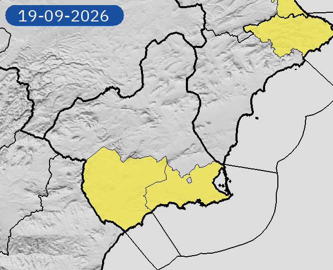 112rmurcia's tweet photo. ⛈️ AVISOS AEMET AMPLIADOS HASTA LAS 18:00 H DEL SÁBADO 19 DE SEPTIEMBRE

🟡 AMARILLO 🌧️ LLUVIAS

Litoral del Valle del Guadalentín, Lorca y Águilas

15 mm/1 h

🟡 AMARILLO 🌧️ LLUVIAS

Campo de Cartagena y Mazarrón

20 mm/1 h

🟡 AMARILLO ⚡️ TORMENTAS

Valle del Guadalentín, Lorca y Águilas
 Campo de Cartagena y Mazarrón

🕒 03:00–18:00 h
📊 40–70 %

ℹ️ Información en nuestra web
▶️ https://t.co/pfPNf4IpLW
📸 Imagen: AEMET

#RegiondeMurcia