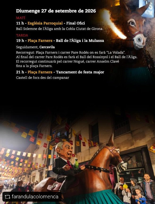 aliguesdecat's tweet photo. Repost @farandulacolomenca

🎉 Ja tenim la Festa Major cada cop més a prop! 🦅🐴🔥

Si encara no ho heu fet, ja podeu consultar tota la programació de la Faràndula Colomenca 2026 i començar a marcar al calendari els actes que no us voleu perdre. 👀

📅 24 i 27 de setembre

Dos https://t.co/9a1deyAMYy