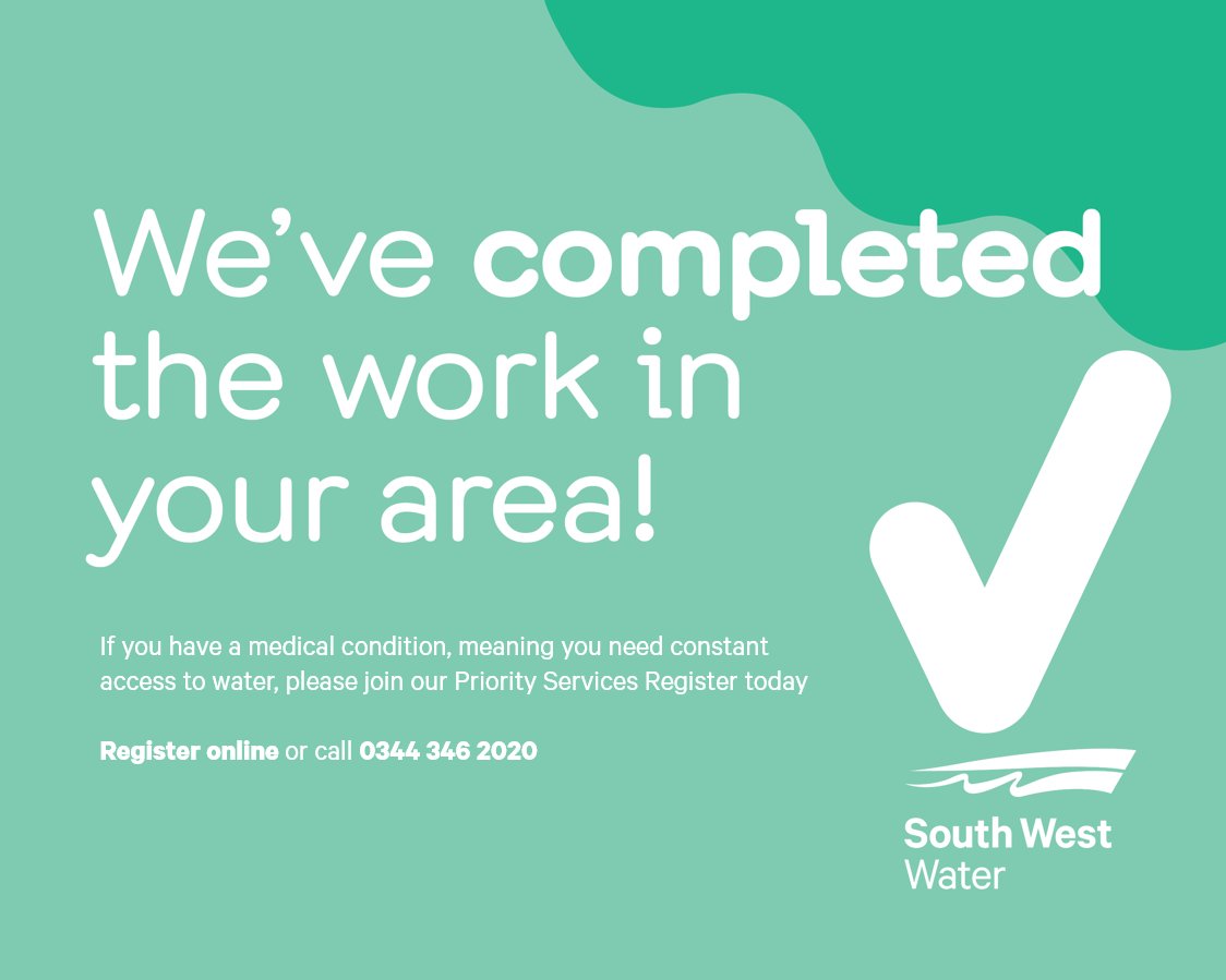Work in your area is complete.
Sign up to our Priority Service Register if you have a medical condition that requires constant access to water or if you find it difficult to reach an alternative supply of water during an interruption.
Register online or call 0344 346 2020.