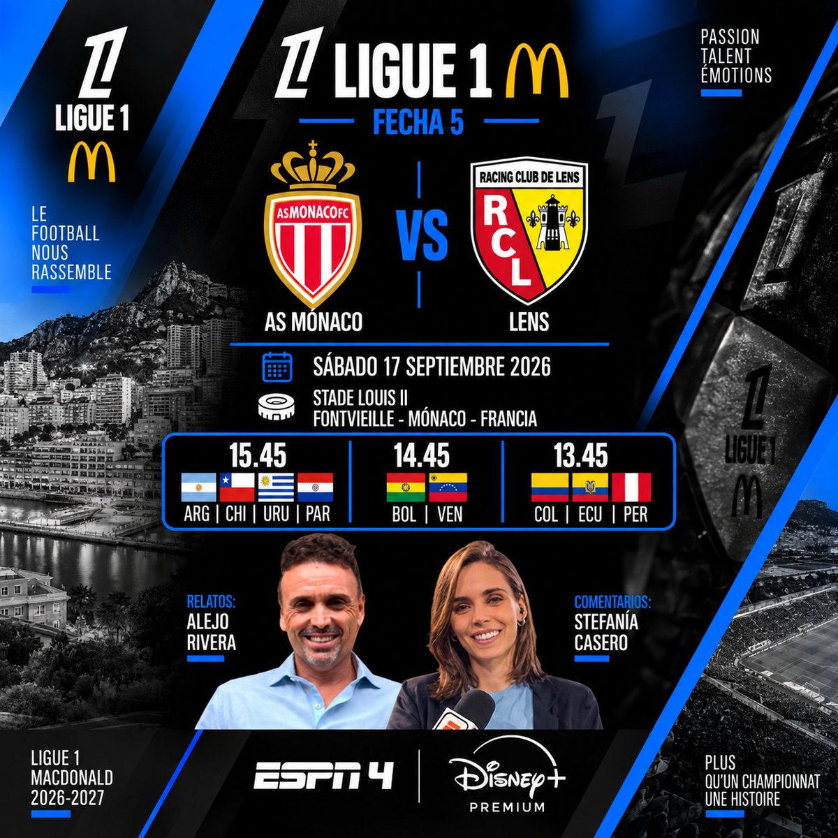 Laguadeportiva1's tweet photo. #Ligue1 🇫🇷 | #ASMonaco - #Lens
🎙️ Relatos: @AlejoERivera
🗣️ Comentarios: @stefaniacasero
🖥️ #ESPN4 Sudamérica
📱💻 @disneyplusla
#LIGUE1xESPN - #disneyplus - #ASMRCL
🔃❤️ https://t.co/i4mvMTZmJq