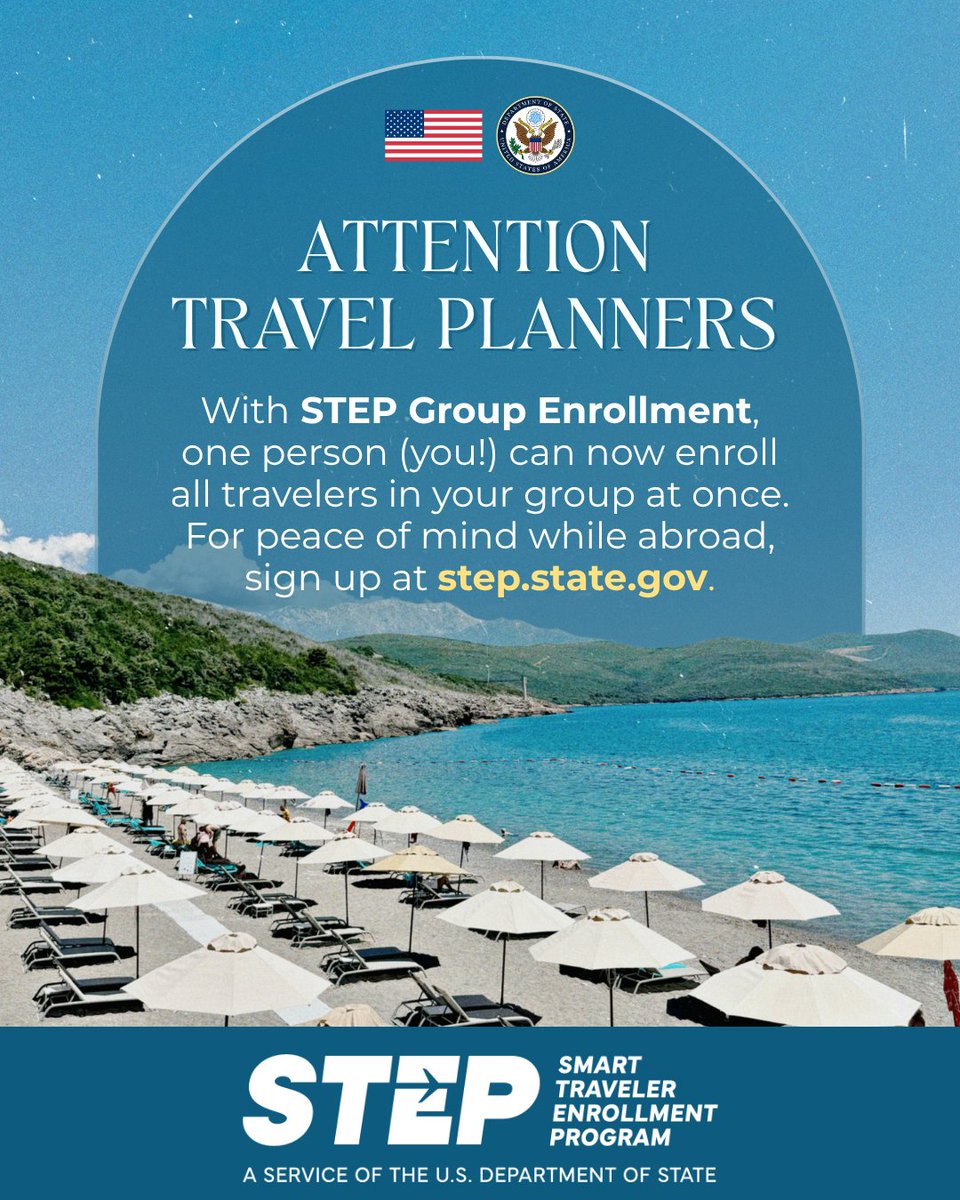 STEP flyer: beach scene with umbrellas. Text announces STEP Group Enrollment. Sign up at step.state.gov.