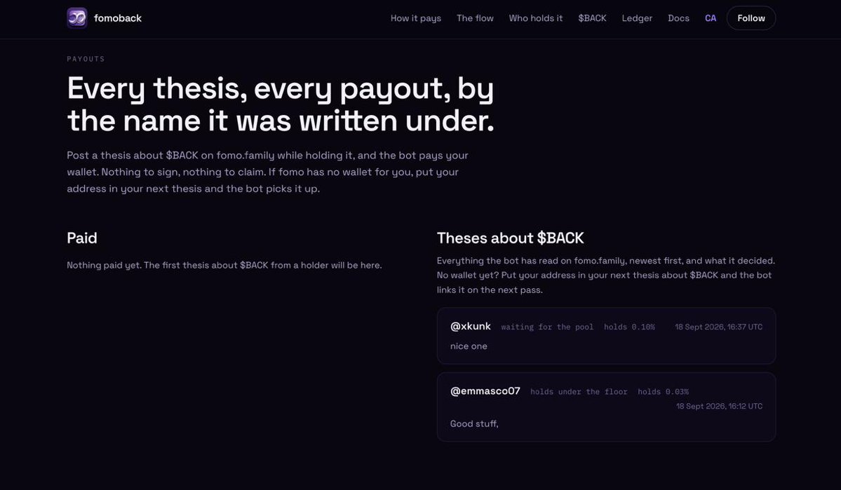 fomobackRH's tweet photo. The ledger is live.

Write a thesis about $BACK on https://t.co/CouETy3XC8 while you hold it, and you show up on this page by
the name you wrote it under. Next to your name is what our bot decided and why. Paid, and how
much. Or not paid, and which rule stopped it.

Nothing to sign. Nothing to claim. No form on our site at all. You write where you already
write, and the page fills itself in.

https://t.co/wkakgfymdJ