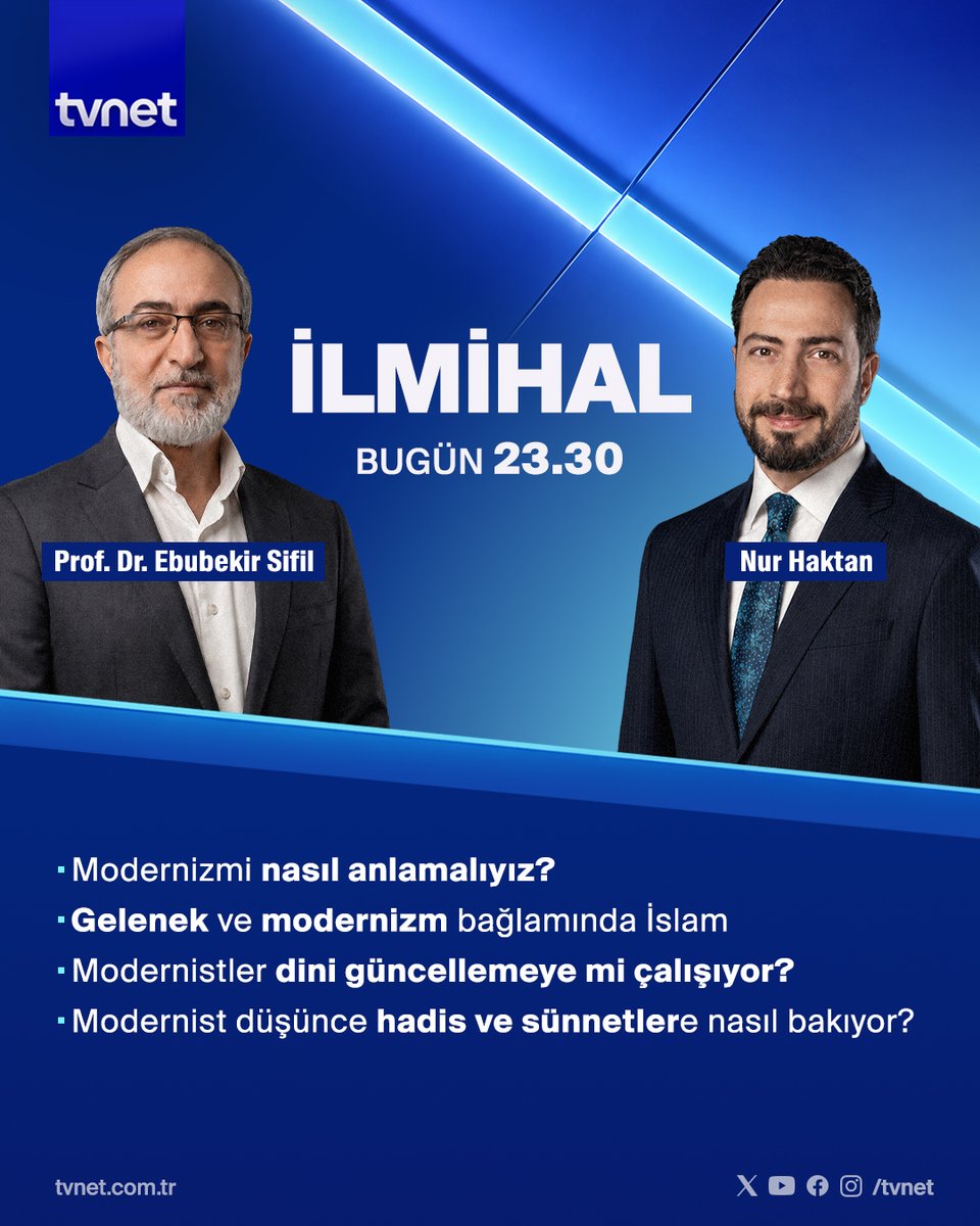tvnet's tweet photo. ▪ Modernizmi nasıl anlamalıyız?
▪ Gelenek ve modernizm bağlamında İslam
▪ Modernistler dini güncellemeye mi çalışıyor?
▪ Modernist düşünce hadis ve sünnetlere nasıl bakıyor?
👉 @nurhaktan soruyor; @EbubekirSifil cevaplıyor.
#İlmihal bugün 23.30’da #TVNET'te. https://t.co/IP916ZgA1e