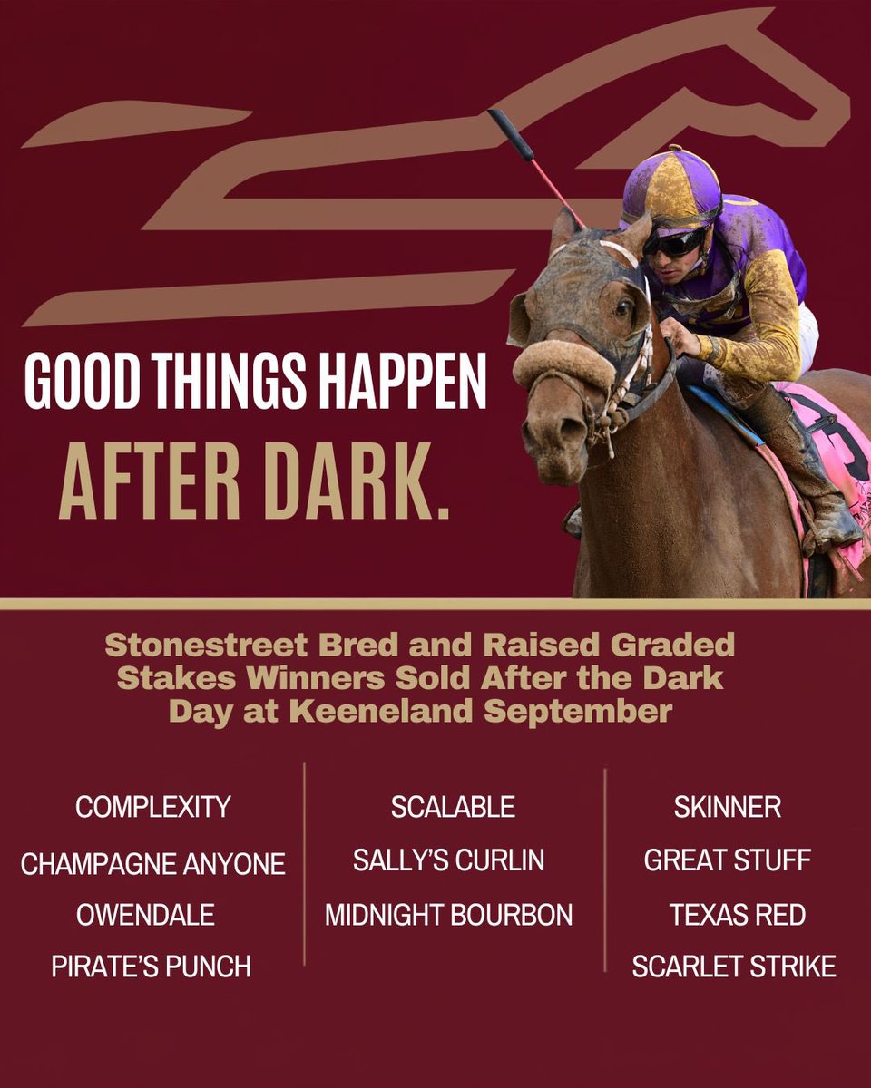 StonestreetFarm's tweet photo. Good things happen after dark.
Week Two has a history of producing graded stakes winners.
Hereโs a look at some Stonestreet #BredandRaised graduates who sold during Week Two of past Keeneland September Sales โ and went on to become graded stakes winners.
The lights go back on tomorrow. See you at Keeneland. @keenelandsales
@TaylorMadeSales @Gainesway @WarrendaleSales @HillnDaleFarm