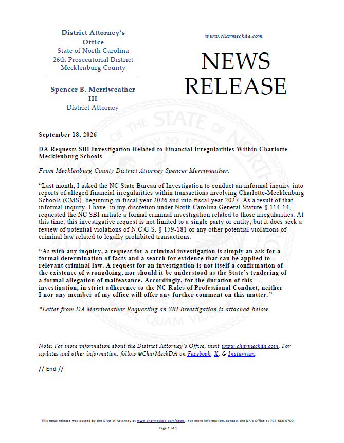 JoeBrunoWSOC9's tweet photo. BREAKING: Mecklenburg County DA Spencer Merriweather asks for a SBI review into CMS https://t.co/QCimljFM14