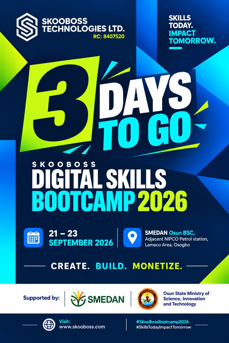 AganJustice's tweet photo. THIS IS FOR YOU!!!

Register to attend a FREE DIGITAL SKILLS training program coming up in Osogbo from Monday 21st to 23rd September 

VENUE: SMEDAN Office,  Adjacent NIPCO Petrol station,  Lameco Area,  Osogbo 

https://t.co/UvCMK5NSyP https://t.co/xKY0IQdM5Q