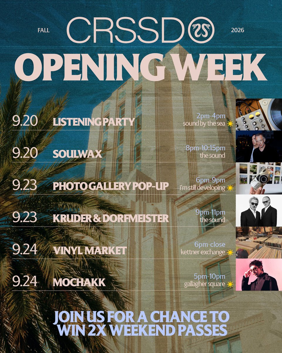 crssdfest's tweet photo. Introducing CRSSD Opening Week ✨— six events across San Diego leading us into our Fall weekend at Waterfront Park.

Attend any of the events above + submit proof of attendance through this form to enter to win 2x Weekend Passes → https://t.co/nxVIZRSWzn https://t.co/j3t0j2Qw3d
