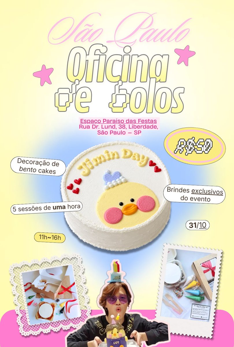 UpdateParkJimin's tweet photo. 🍰 JIMIN DAY EM SÃO PAULO — Mais informações.

Finalmente podemos compartilhar com vocês todos os detalhes da nossa Oficina de Bolos em homenagem ao Jimin! 

Nas imagens e no tweet em resposta, vocês encontram as informações essenciais para participar desse momento especial. Preparem-se para uma tarde cheia de criatividade, doçura e, é claro, muito amor pelo nosso Jimin! 

— O que teremos?
• Oficina de decoração de bento cake
• 5 sessões de 1 hora
• Das 11h às 16h
• Ingresso: R$ 50

— Kit da oficina incluso:
• Mini espátula
• 1 bento cake individual na caixinha
• Glacê multicolorido
• Confeitos
• Sacos para confeitar
• Topper temático do Jimin

E brindes exclusivos que também serão entregues para cada participante na entrada do evento.

Queremos criar um momento especial para celebrarmos juntos o aniversário do Jimin, colocando a mão na massa e deixando cada bolinho para ele com a carinha de vocês. Esperamos encontrar vocês lá! 🐥