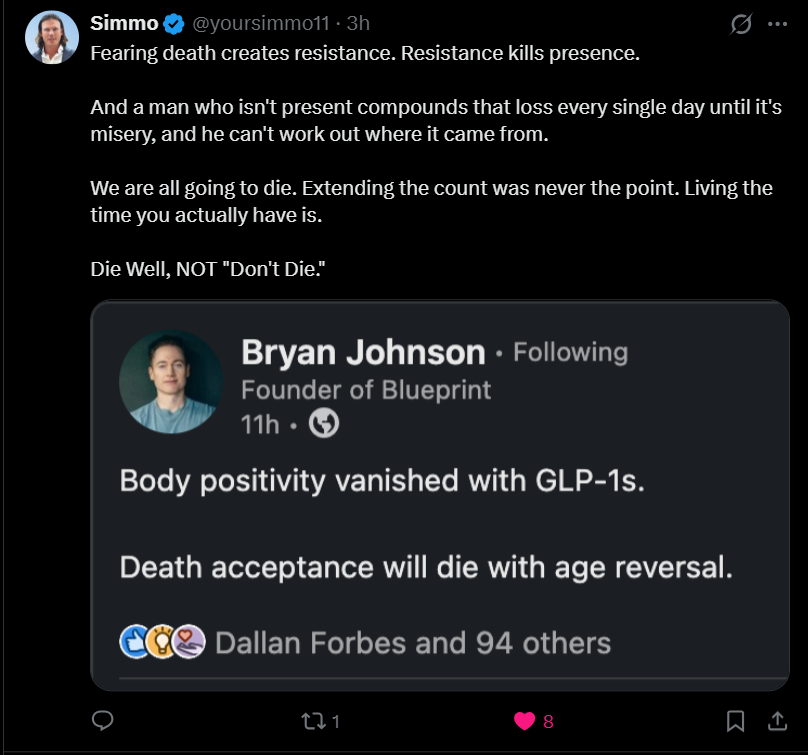 nma_fyi's tweet photo. You can spend so much constricted effort on Not Dying, that you lose sight of the original point, which is to have a good, meaningful life. 

Nothing is guaranteed. All you have is this moment. https://t.co/6XQFSUOxsD