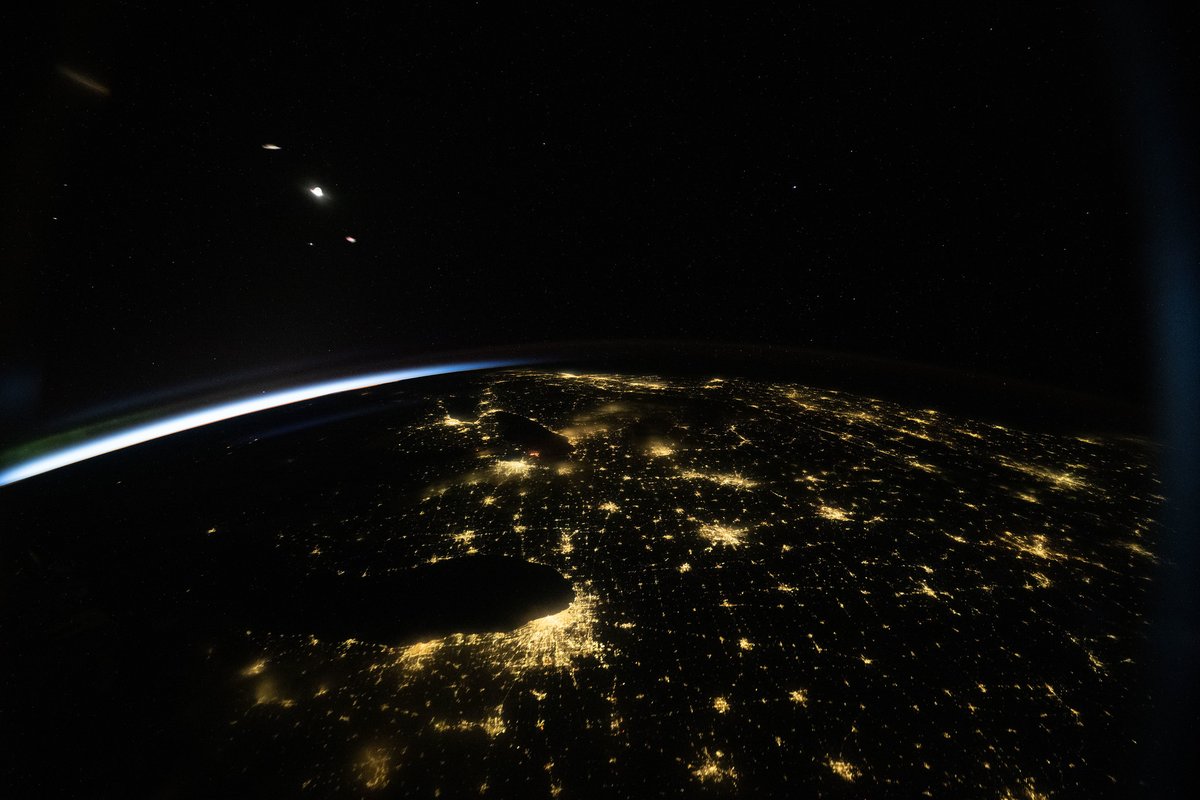 Chicago, Illinois (bottom center), appears prominently in this nighttime view of the United States—dotted with city lights including Detroit, Michigan; Cincinnati, Ohio; and New York City--taken at approximately 3:38 a.m. local time from the International Space Station as it orbited 259 miles above Earth.