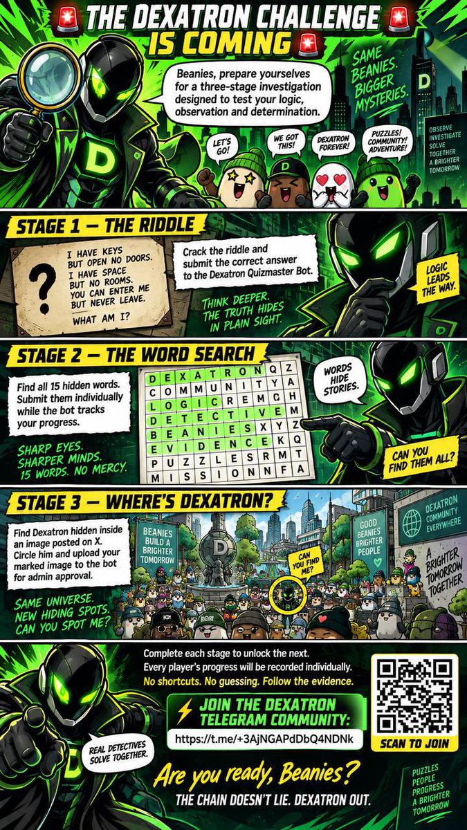 GABI_SCPYT0xff's tweet photo. @DexatronCrypto 🚨 THE DEXATRON CHALLENGE IS LIVE! 🚨

Beanies, it’s time to prove your detective skills. 🕵️‍♂️⚡

🧩 3 stages
🧠 Riddle
🔎 15-word search
👀 Where’s Dexatron?

Complete each stage. Unlock the next.
No shortcuts. Follow the evidence.

Are you ready, Beanies? 👀

THE CHAIN DOESN’T LIE.

#DEXATRON #DexatronChallenge