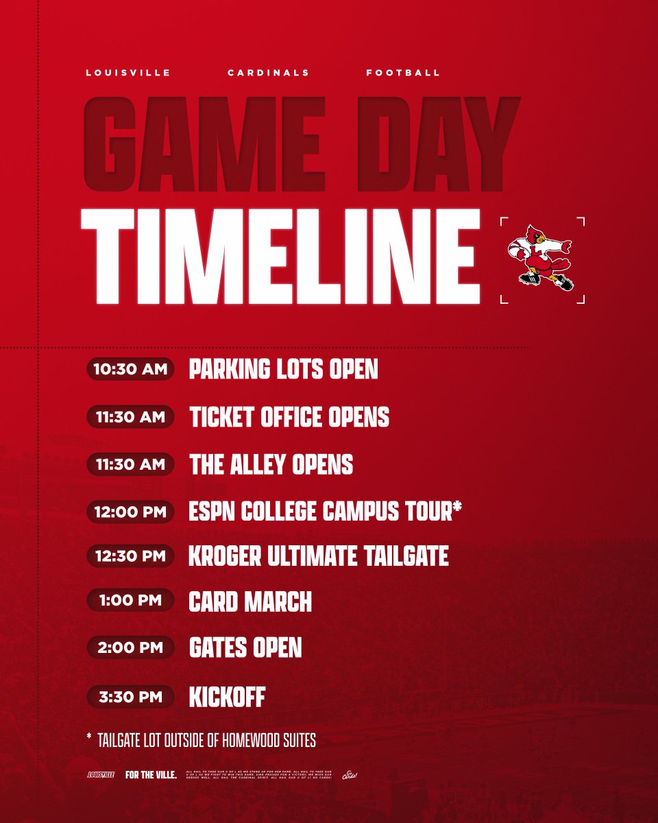GoCards's tweet photo. Timelines for tomorrow's @LouisvilleFB game 🏈  

Important Game Day Info: https://t.co/zi8NrCSTY9

#GoCards https://t.co/UaaojR3xii
