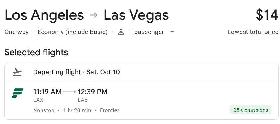 EscFlightsLAX's tweet photo. I know you can drive it in about 4-hours or so, but,
$14 nonstop, one-way. Los Angeles to Las Vegas is a pretty good deal.

You can avoid bag fees by using their card perk, similar to United's fares.

Help us keep this page available for free without a paywall by leaving a like. https://t.co/1LBId5d5PA