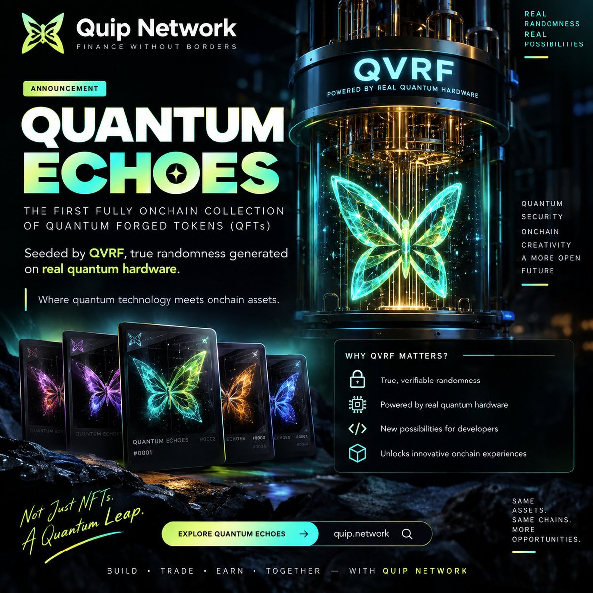 SaifulVerse's tweet photo. Something new just dropped from Quip Network 🦋 @quipnetwork

Quantum Echoes is the first fully onchain collection of Quantum Forged Tokens (QFTs), seeded by QVRF  true randomness generated using real quantum hardware.
This is where quantum technology meets onchain assets.

QVRF could open up interesting possibilities for developers building with verifiable quantum randomness.
More to explore from $Quip Network. 👀
#QuipNetwork  #Quantum  #Web3