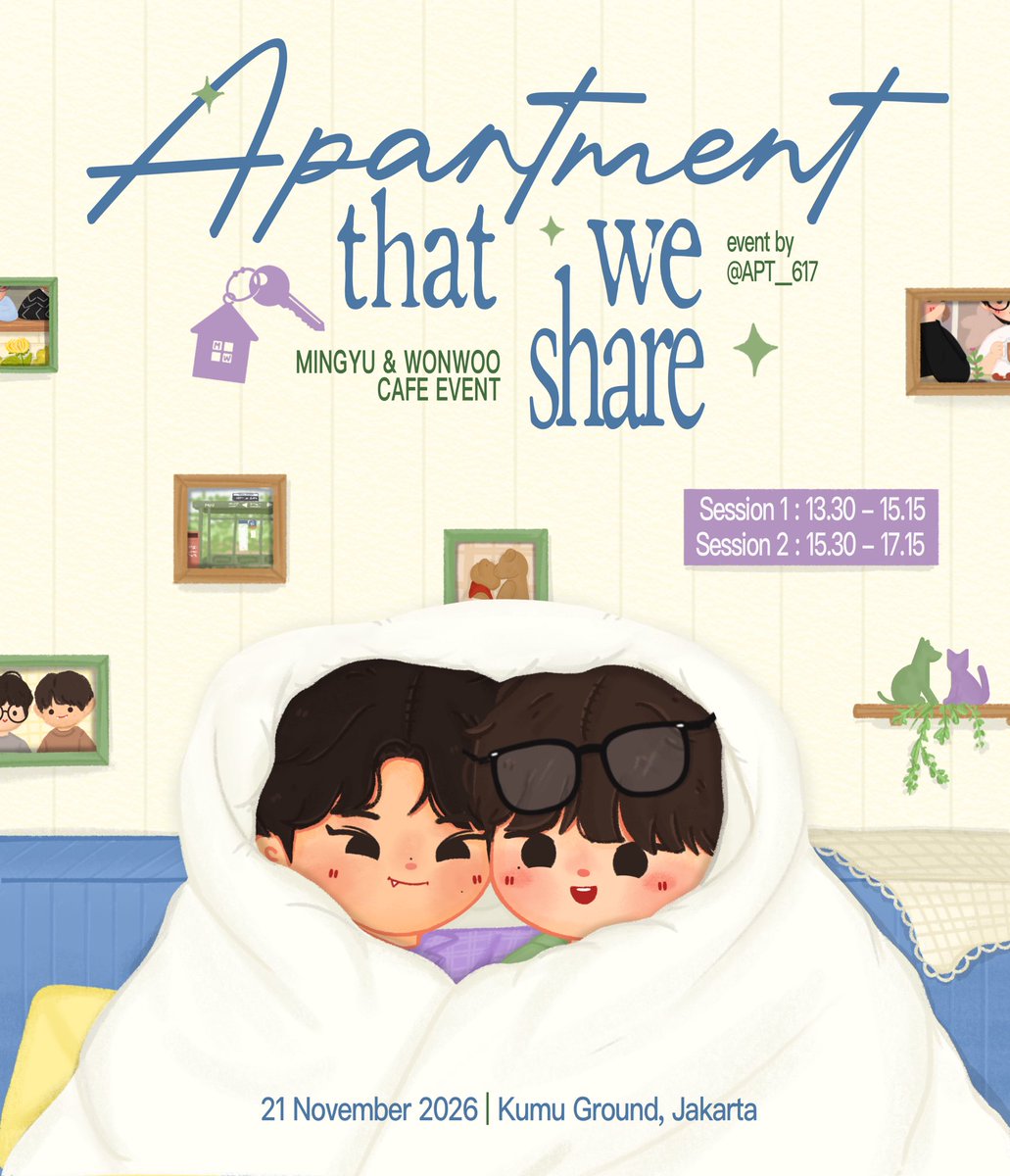 APT__617's tweet photo. the 𝗱𝗼𝗼𝗿 is finally open! come visit unit 617 and see what life is like inside 🛋️

a little world of their own.. and now, you’re invited in 💚💜

mingyu &amp; wonwoo cafe event

🏠 Kumu Ground, Jakarta
🗓️ 21 November 2026

RSVP opens 27/09 at 19.00 WIB

#APT617
#ApartmentWeShare https://t.co/5Rzwu1vH2x