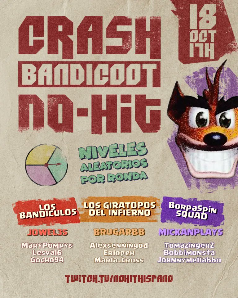 Jowel35's tweet photo. 🔥EVENTO CRASH BANDICOOT NO HIT🔥

El 18 de octubre a las 17:00 h (CEST / UTC+2) llega el primer evento exclusivo de Crash Bandicoot no hit, donde tres equipos competirán en niveles aleatorios de la trilogía por ver quién recibe menos golpes.

/nohithispano

Cartel (@BrugarBB) https://t.co/SUeAMCjLan