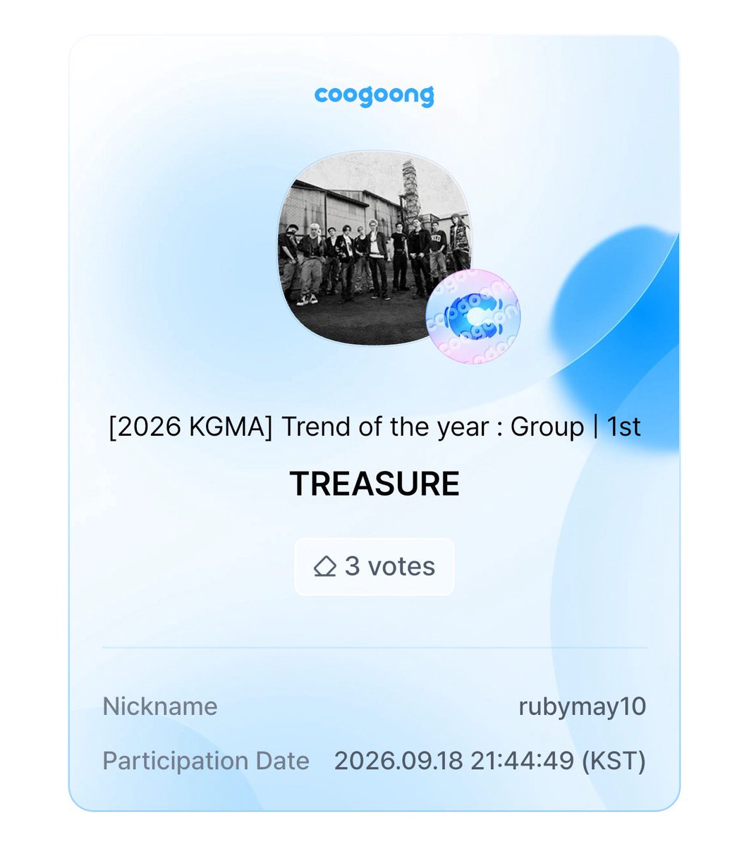 rubymmayy's tweet photo. “[2026 KGMA] Trend of the year : Group | 1st” Voting in Progress #TREASURE 

เก็บวันนี้ลงวันนี้ได้เลย ง่ายเหมือนปลอกกล้วย ใช้เวลาไม่นานเยยย ไปโหวตกันน้าอ้วน 🎀💫

#ทึเมจ๋าลุยโหวต 
https://t.co/pyRgfT0OQt https://t.co/rcPUCMDOZY