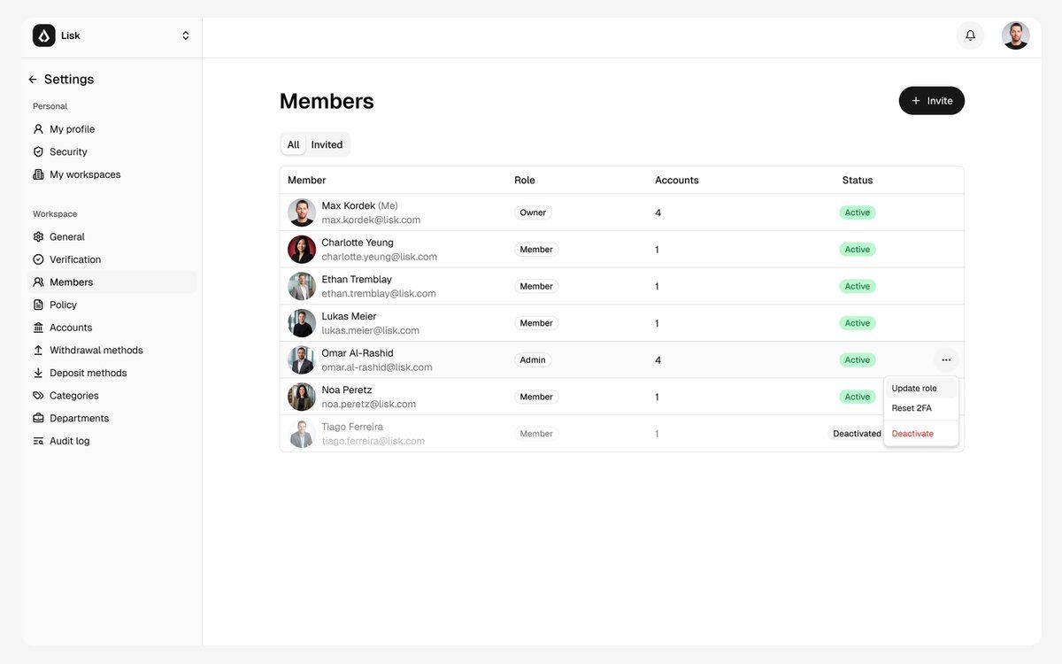 Lisk's tweet photo. For finance teams, two things usually matter more than anything else: 
→ Who can approve what.
→ Whether there's a record of it. 

Lisk workspaces are built around both.

Here's how it works, and why it matters for finance teams 🧵 

(1/6) https://t.co/DFt7V2NKov