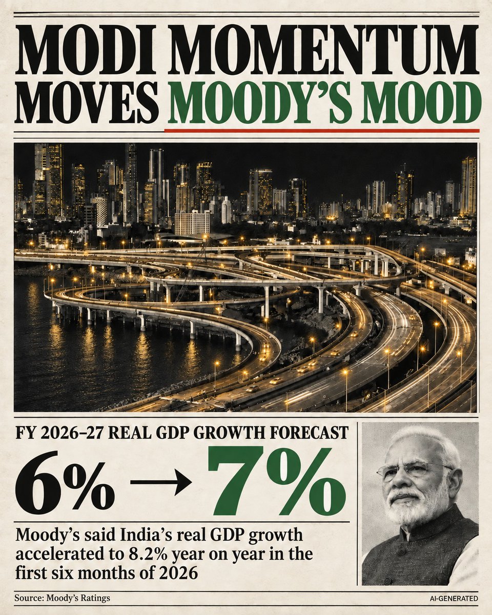 BJP4India's tweet photo. India’s economic story is getting stronger, and the world is taking note. 🇮🇳

From higher growth projections to an improved sovereign credit rating, India’s strong fundamentals are increasingly reflected in global assessments.

A few numbers tell the story:

* 7%: Moody’s revised GDP growth forecast for FY 2026-27, up from 6%
* 8.2%: Real GDP growth in the first half of calendar 2026
* A- from BBB+: India’s new sovereign rating from Japan Credit Rating Agency
* 7.7%: India’s real GDP growth in FY 2025-26

This is the outcome of years of focused reforms and nation-building under the decisive leadership of PM Shri Narendra Modi. From digital public infrastructure and GST to sustained capital expenditure and strengthening financial systems, the Modi government has laid stronger foundations for a resilient and high-growth economy.

The message is clear: India is not just growing, India is strengthening its economic foundations for the journey towards a #ViksitBharat. 🇮🇳

#ViksitBharat #IndianEconomy #EconomicGrowth