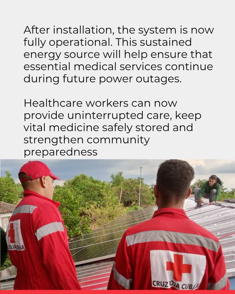 ifrc's tweet photo. ☀️ The Cuban Red Cross is bringing light back where it is needed most.

Despite extreme weather and severely damaged roads, Cuban Red Cross volunteers reached Tranquera, a community in Granma affected by Hurricane Melissa, to install a new solar energy system.

“Today, in Tranquera, that light is on.” - Jorge Verdecia Ramírez, Cuban Red Cross

Now fully operational, the system will help keep essential medical services running during power outages, enabling healthcare workers to provide uninterrupted care, safely store vital medicines and strengthen community preparedness.

This support forms part of the @IFRC Emergency Appeal, which seeks to raise CHF 18 million to support the Cuban Red Cross response and help 100,000 people recover over 24 months.