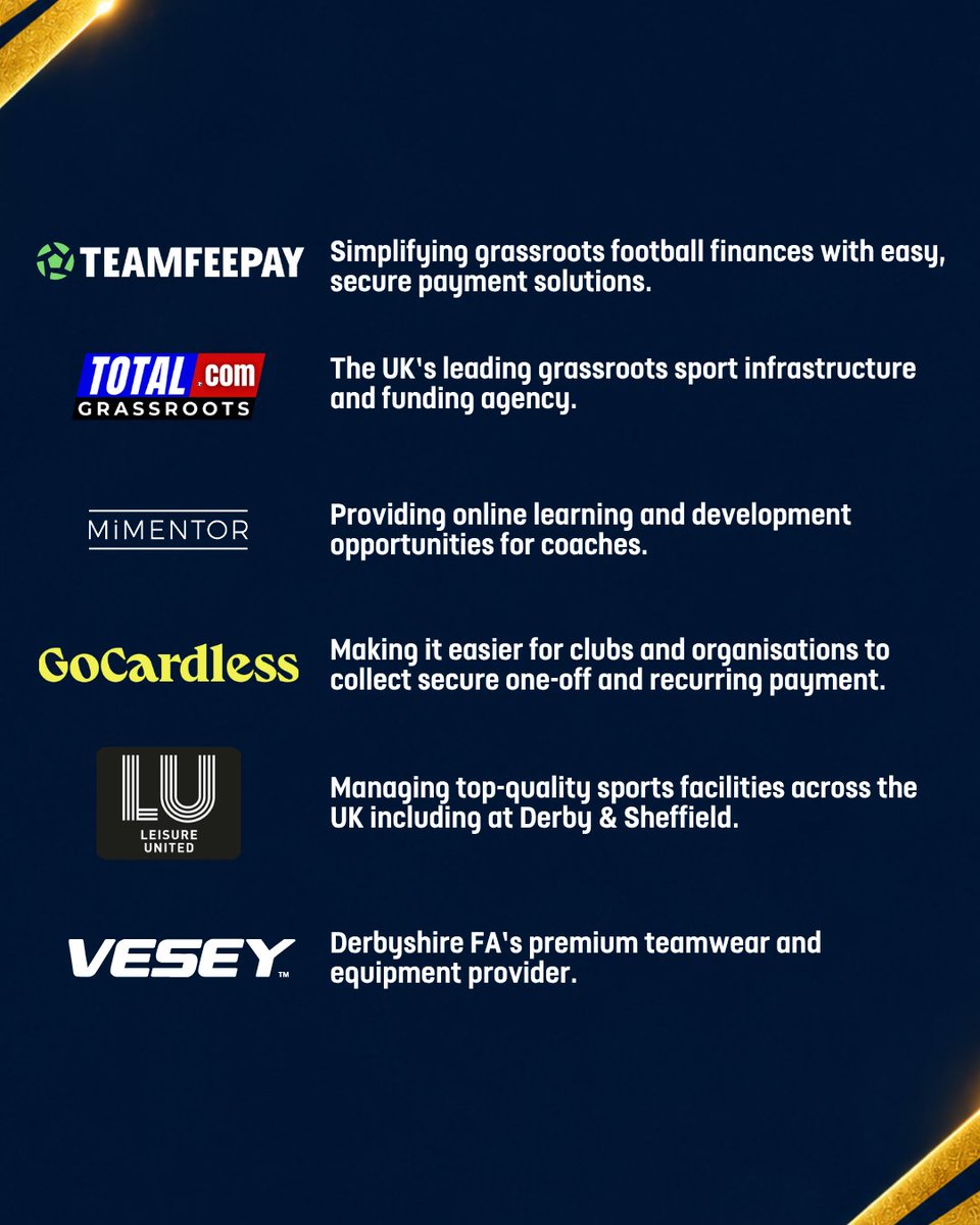 DerbyshireFA's tweet photo. With just two weeks to go until our 2025/26 Grassroots Football Awards Night at Pride Park Stadium, we want to say a huge thank you to all of our sponsors and partners who help make the evening possible.

Their support allows us to celebrate the incredible people who make grassroots football across Derbyshire what it is. ⚽

Swipe through to learn more about our sponsors and what they can offer clubs, coaches and the wider grassroots football community. 👉