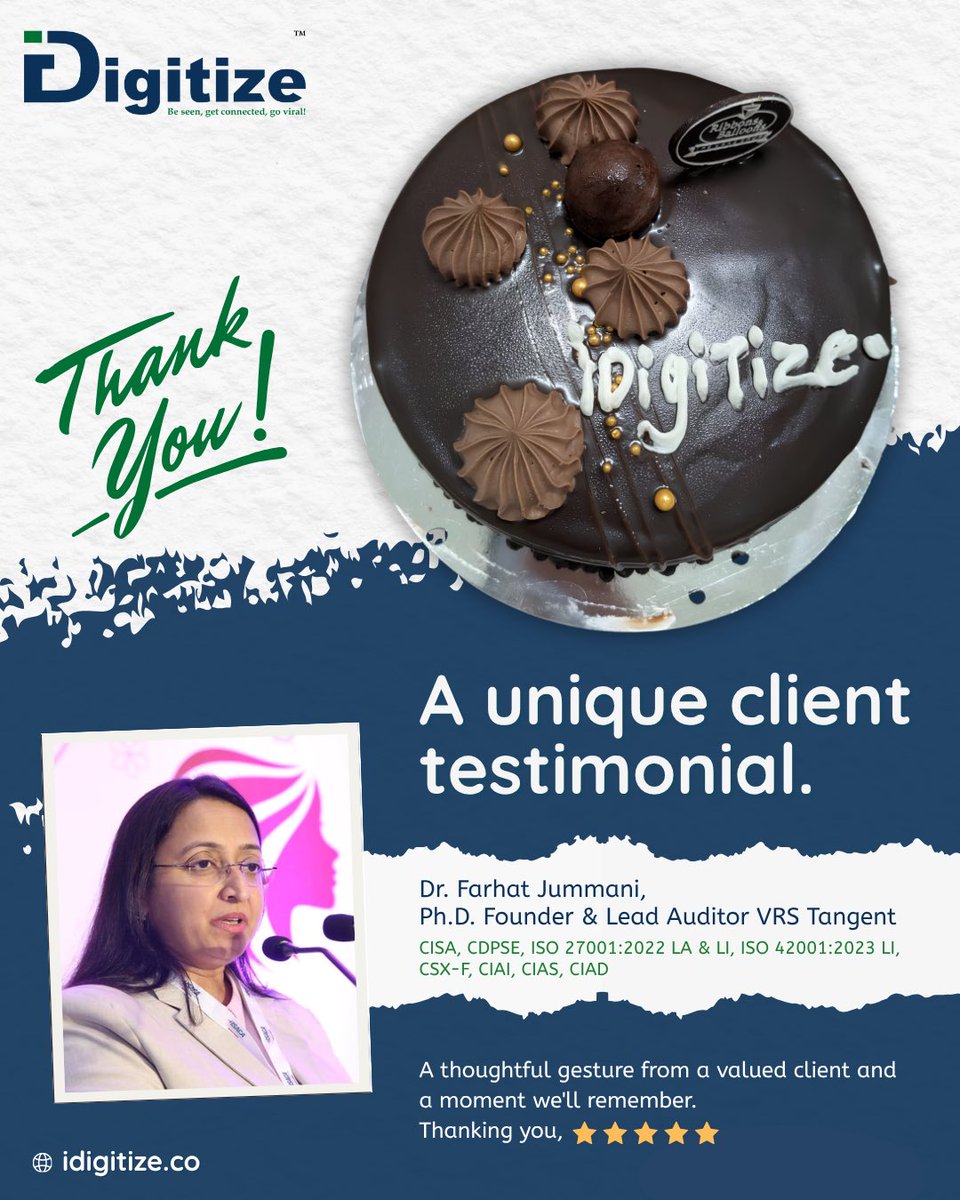 idigitizee's tweet photo. Nothing tastes sweeter than client trust. 🎂✨
Words of appreciation mean everything to us, but receiving a gesture this thoughtful takes partnership to a whole new level. A huge thank you to Dr. Farhat Jummani (Founder & Lead Auditor at VRS Tangent)
#Clienttestimonials https://t.co/ErxSkwwHlF