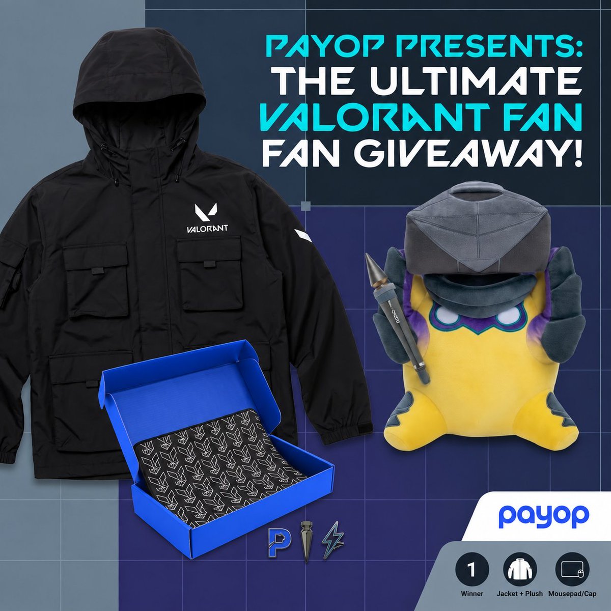 ValorantUpdated's tweet photo. Win the ultimate setup drop courtesy of @payopcom 🔥

One winner takes:
• Riot VLRNT FRGMT Field Jacket
• Wingman Spike Plush
• Exclusive Payop Gaming Merch Bundle

To enter:
• Follow @payopcom & @ValorantUpdated
• Repost & Like
• Tag 2 duo partners

Skip the extra checkout steps & get straight back to the lobby: https://t.co/8RcLhyDYLP

#VALORANT #Giveaway