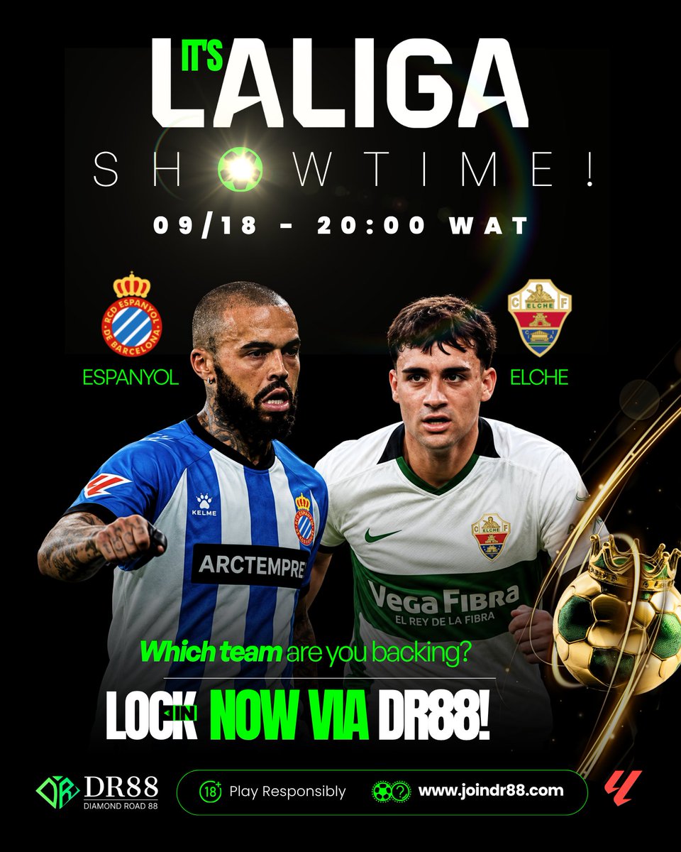 DiamondRoad88's tweet photo. IT'S LALIGA SHOWTIME! ⚽️✨

Espanyol vs Elche
📅 09/18 | ⏰ 20:00 WAT

Battle at RCDE Stadium tonight! Catalan side vs Elche - who are you backing?

Live action, live stats on DR88!

18+ | Play Responsibly
https://t.co/f7Kdtz3pXp

#LaLiga #EspanyolElche #DR88 #FootballLive https://t.co/tpQ8BSTDsj