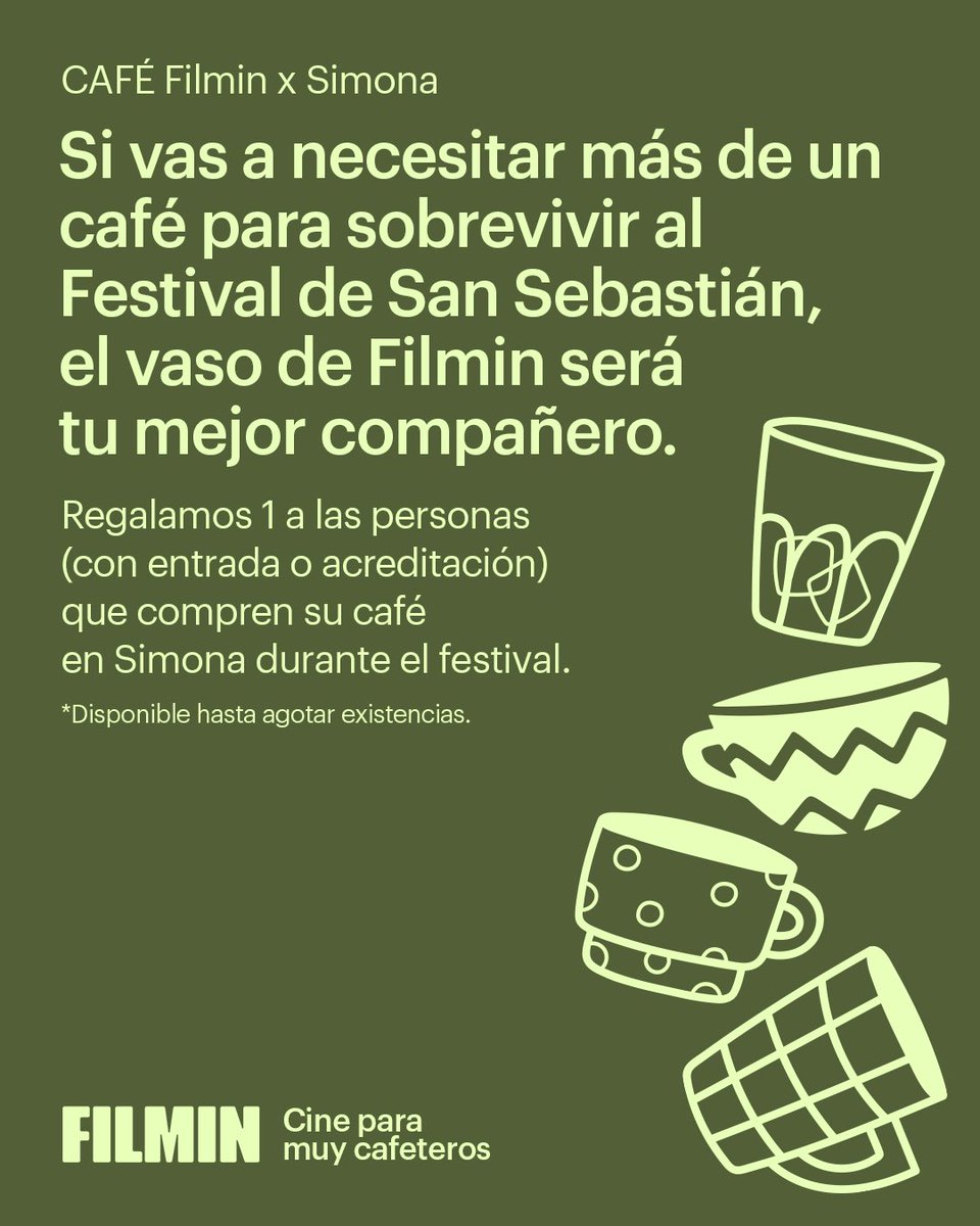 Filmin's tweet photo. [SIMONA x FILMIN] ☕ Lo nuestro es cine para muy cafeteros. Y a mucha honra.

Este año, durante el @sansebastianfes , os esperamos en Simona los vasos que miden vuestro nivel de cateterismo cinéfilo, merchandising de Filmin, mucho café y mucho más cine.

¡Venid! https://t.co/G7OziP8p8C