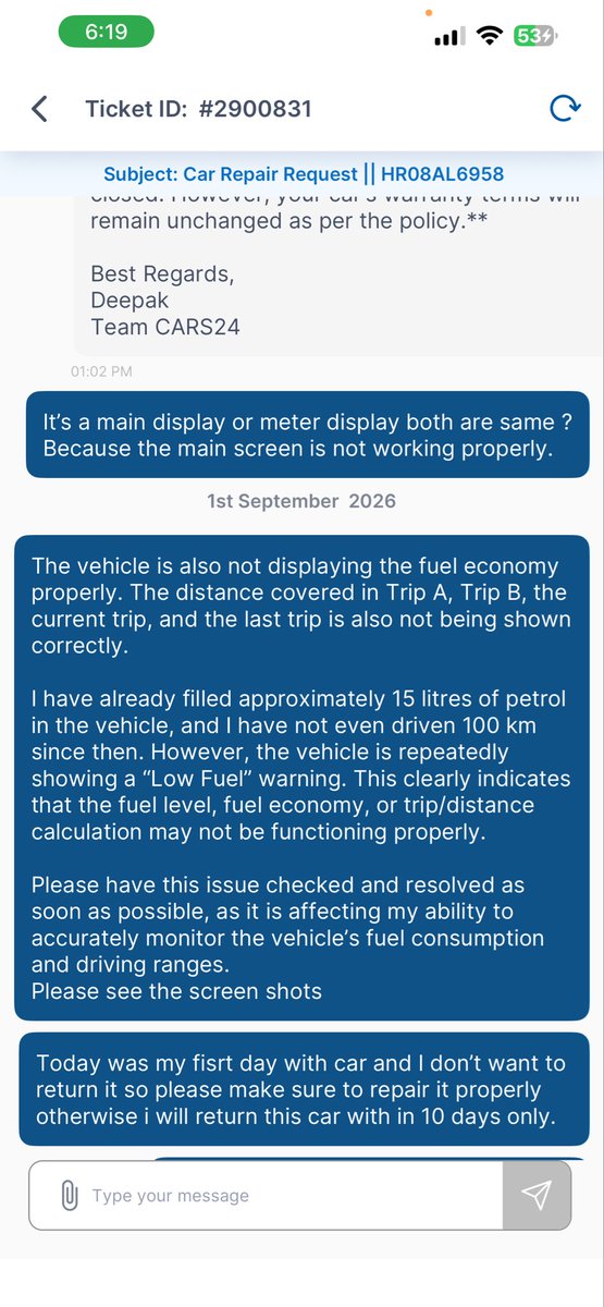 riyasaty's tweet photo. @cars24india 
@Cars24Support 

I am extremely disappointed with the service and post-sale support I have received from Cars24.

I recently purchased a Tata Nexon (Registration No. HR 08 AL 6958) through Cars24. On the same day the car was delivered, after driving barely 4–5 km, I started facing issues with the vehicle. I immediately contacted my Sales Executive, Raj Mohan, and also informed his manager Ravi and Mohan through WhatsApp, explaining the issues I was facing.

I also raised a complaint through the Cars24 app, and I have attached the screenshot of the ticket/complaint along with this message for your reference. All the relevant details regarding the complaint can be verified from the attached screenshot.

Subsequently, my car was taken by Cars24 for inspection/repair on Sunday, 6 September. Today is 19 September, and my car has still not been returned to me, nor have the reported issues been resolved.

For almost two weeks, I have repeatedly been told that a particular part needs to be ordered and that the process is still ongoing. I understand that certain repairs may take time, but keeping a customer’s vehicle for this long without providing a proper resolution, regular updates, or a definite timeline is completely unacceptable.

I have contacted Cars24 Customer Support more than 20 times. I was also provided with a separate number for post-delivery support, which I contacted multiple times. The IVR repeatedly informed me that I would receive a callback shortly, but I have not received any callback to date.

This is an extremely frustrating and unacceptable customer experience. I purchased a vehicle expecting it to be in proper working condition, yet I started facing issues within just a few kilometres of taking delivery. The vehicle has now been with Cars24 since 6 September, and after almost two weeks, I am still being given excuses regarding the pending part and repair.

At this point, I do not want the vehicle to be repaired anymore. I have lost confidence in both the vehicle and the resolution process.

I therefore request Cars24 to take the Tata Nexon (HR 08 AL 6958) back and initiate the return/refund process immediately. I do not want any further delays or repeated assurances without a concrete resolution.

I am attaching the screenshot of the complaint/ticket raised through the Cars24 app. Please review the complete history and take immediate action.

The level of customer service I have experienced has been extremely disappointing and, frankly, unacceptable. If this matter is not resolved promptly, I will have to escalate it through the appropriate consumer grievance channels and share my experience publicly so that other customers are aware of what I have experienced.

Cars24 needs to take responsibility for this issue and provide a proper resolution instead of continuing to make excuses and delay the matter.