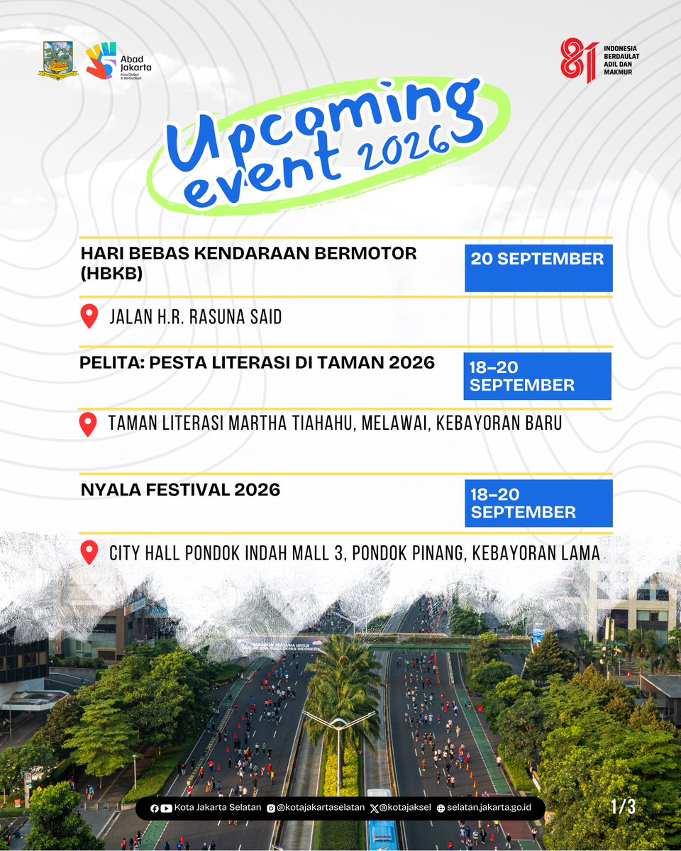 KotaJaksel's tweet photo. Sudah siap menyambut berbagai event menarik dan menyenangkan yang akan hadir di Jakarta Selatan?ππ»ββοΈππ» Yuk cek disini! #jakselkotahealing #weekendlist #kalenderjaksel #eventjaksel #hangout https://t.co/kwkFzVVDbN