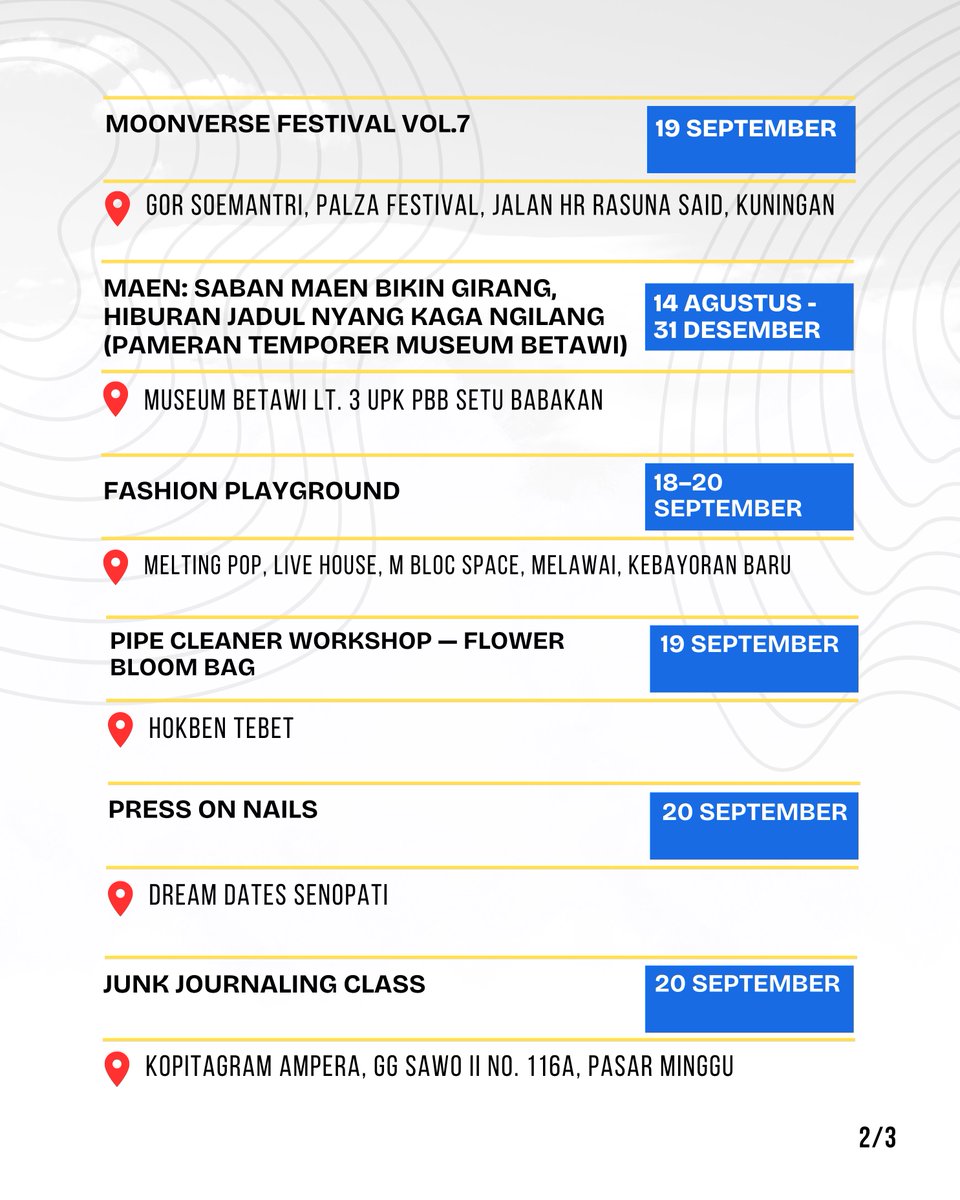 KotaJaksel's tweet photo. Sudah siap menyambut berbagai event menarik dan menyenangkan yang akan hadir di Jakarta Selatan?ππ»ββοΈππ» Yuk cek disini! #jakselkotahealing #weekendlist #kalenderjaksel #eventjaksel #hangout https://t.co/kwkFzVVDbN