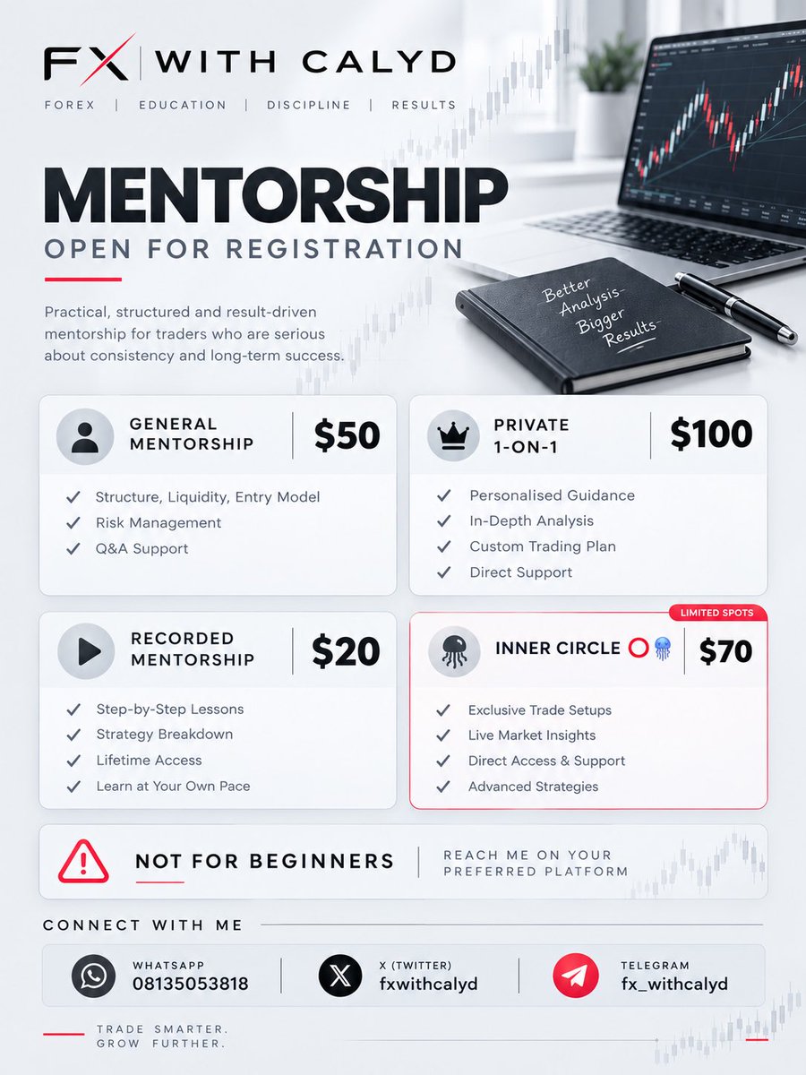 fxwithcalyd's tweet photo. OCTOBER MENTORSHIP 📈

Registration is officially open 

I’ll be running 3 options this month…

Different levels…same goal — helping you understand the market and build your own process

No shortcuts…just analysis, execution and proper understanding

DM me if you’re interested https://t.co/MQ7CzeJ9wU