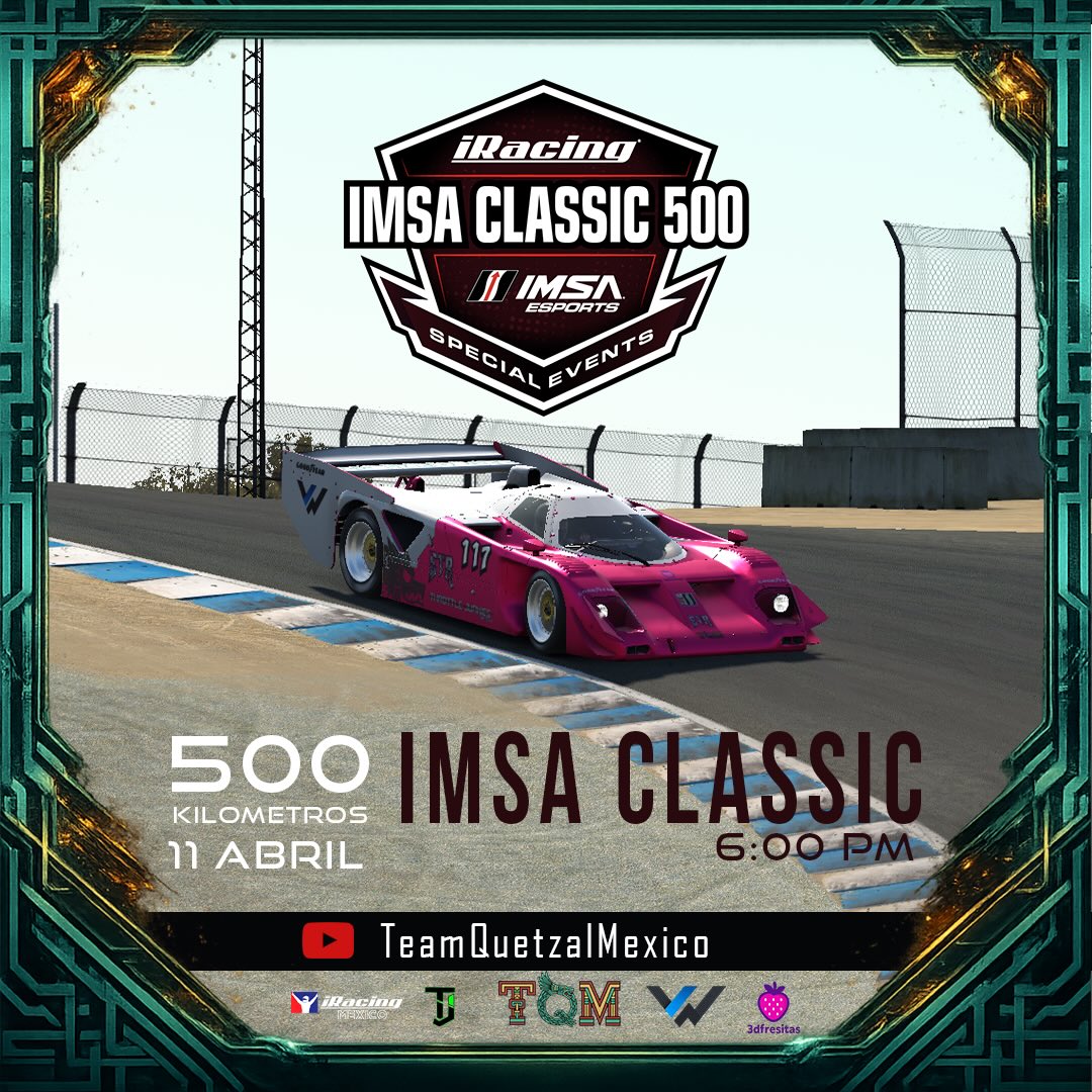 061burcu's tweet photo. The endurance challenge returns! Experience the intensity of the 500 IMSA CLASSIC in iRacing. 500 kilometers where strategy, consistency, and speed are everything. Are you ready? Laguna Seca
April 11
6:00 PM

Watch live on TeamQuetzalMexico and https://t.co/HfWF2ulqtv