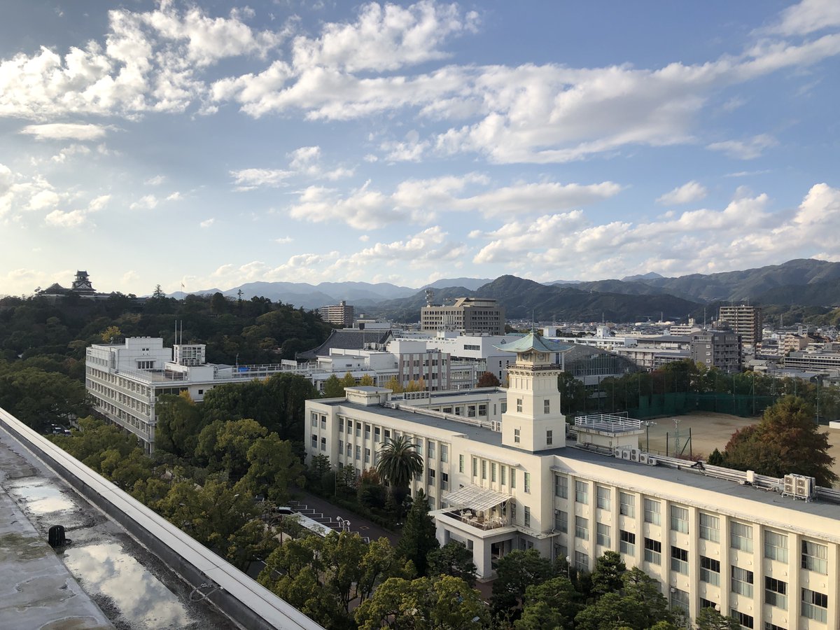 takaramachi's tweet photo. オーテピアから望む追手前高校〜土佐女子中高→高知城へと続く景観。低層建築でまとめられた空間を埋めるように追手筋から高知城にかけて木々がまとまりをなす風格ある都市風景だと思う。 https://t.co/n91Bl7Y7C4