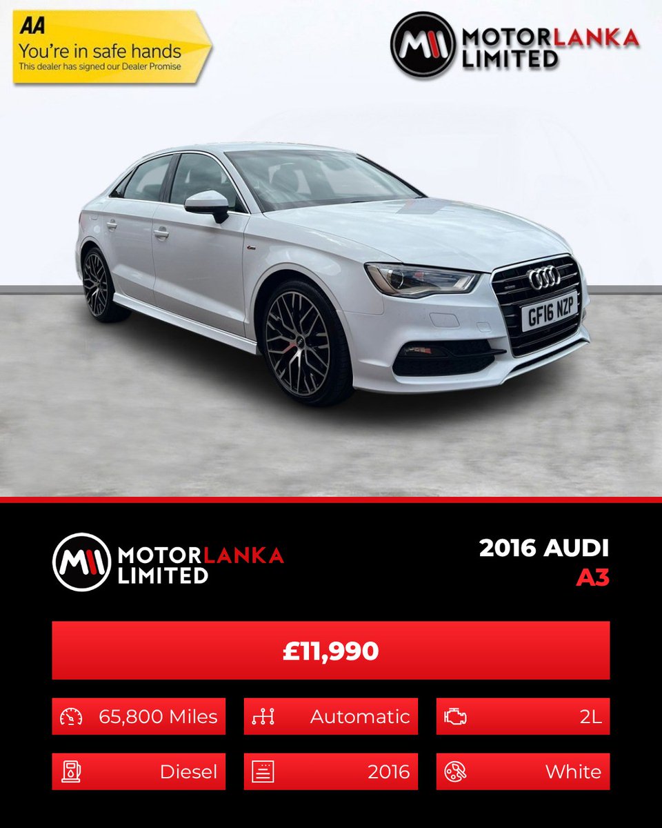 Sevdanurata5's tweet photo. 2016 AUDI A3 2. 0 TDI S line - £11, 990. 2L diesel automatic, 65, 800 miles. Finance, warranty and part exchange available. We buy cars too. Call 07799 696500 for details. https://t.co/2ZhoNygVND