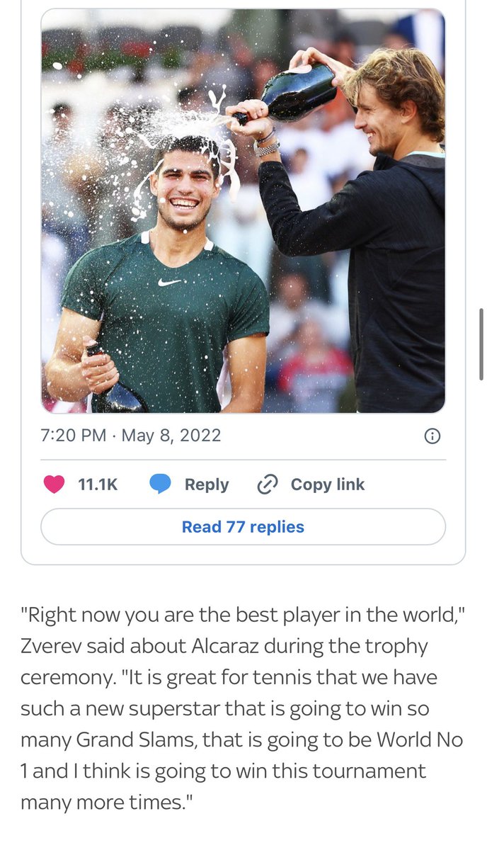 LuisCosta166's tweet photo. @marni__4x Funny you mention Alcaraz. Zverev had a far superior résumé to him in 2022 and called him “the best player in the world”.

There’s a difference between having an opinion and disrespecting someone who has achieved far more than you, specifically regarding the best player in 2026. https://t.co/3Z08Ywbcog