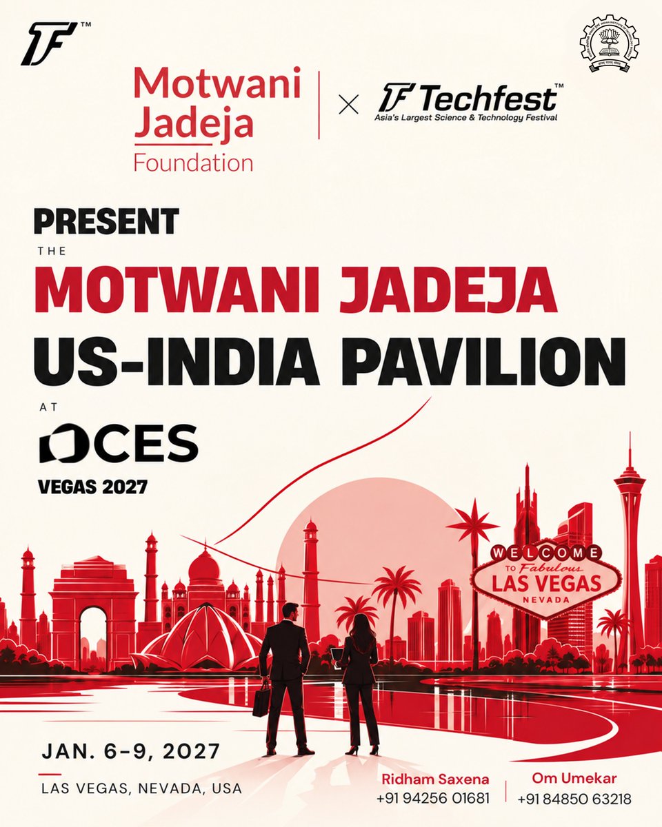 Techfest_IITB's tweet photo. Indian startups, go global! Techfest IIT Bombay is the Official Innovation & Outreach Partner for the Motwani Jadeja US–India Pavilion at CES 2027, Las Vegas.
Register: https://t.co/k2CcwpcdUL | Deadline: 5 Oct 2026
#CES2027 #CES #TechfestIITB https://t.co/PlgvgjNjvg