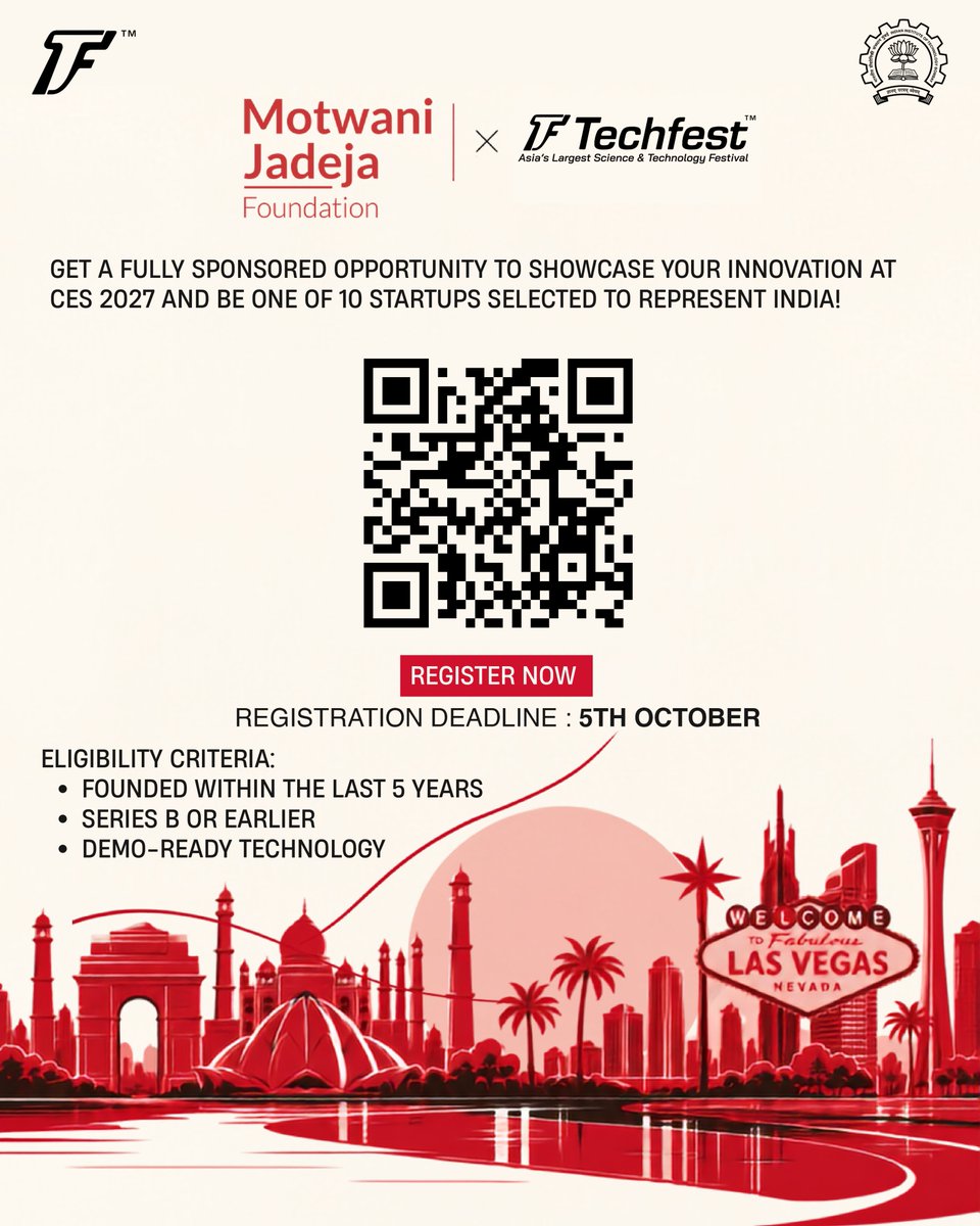 Techfest_IITB's tweet photo. Indian startups, go global! Techfest IIT Bombay is the Official Innovation & Outreach Partner for the Motwani Jadeja US–India Pavilion at CES 2027, Las Vegas.
Register: https://t.co/k2CcwpcdUL | Deadline: 5 Oct 2026
#CES2027 #CES #TechfestIITB https://t.co/PlgvgjNjvg