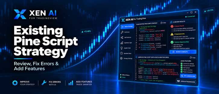 ClickAlgo's tweet photo. Fix Pine Script errors with AI.

Paste your existing TradingView strategy and compiler errors into Xen, let it repair the code, then copy it back into TradingView and test again.

New users get £5 in free credit.

https://t.co/Bckeu4jHDF

#TradingView #PineScript #XenAI https://t.co/P4H9XsMDL9