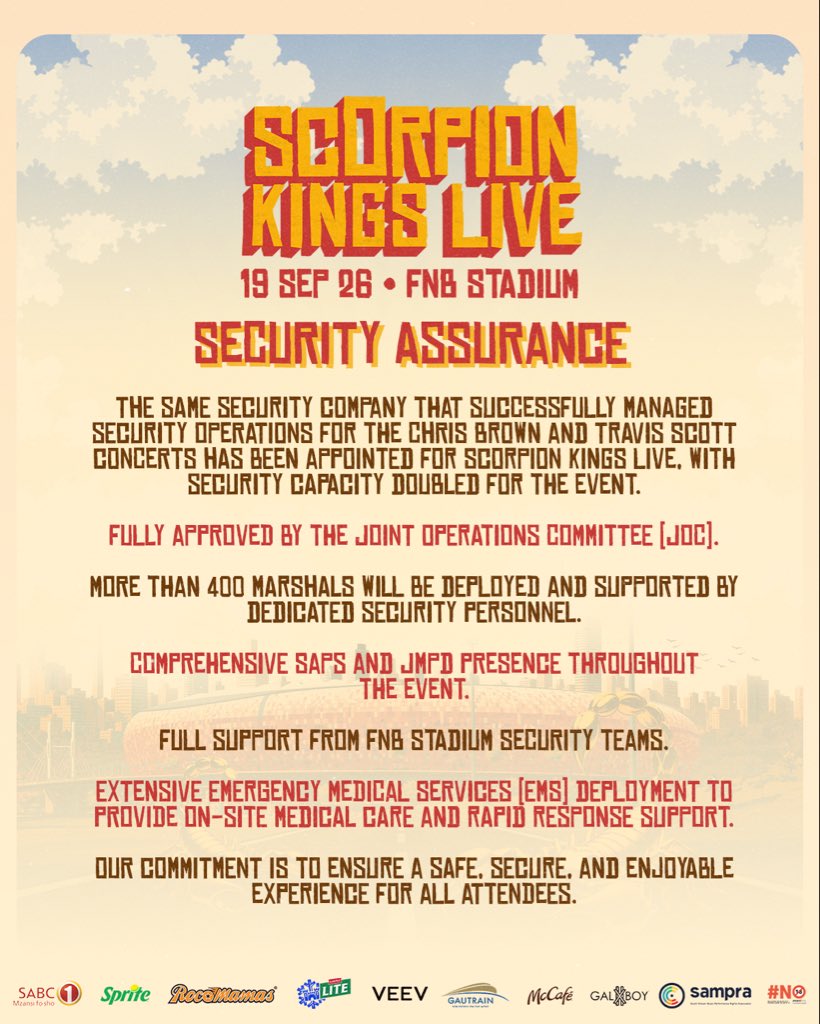 ScorpionKingsLV's tweet photo. 🚨READ CAREFULLY🚨

We are a couple hours away from a historic  #ScorpionKingsLive 🥳

Please read all the slides carefully and ensure you come prepared. Everything you need to know.

Safety first. Sgubhu second. 

Asambe baby 🚀🔥 #SKLive2026 https://t.co/GHKaWXFKKi
