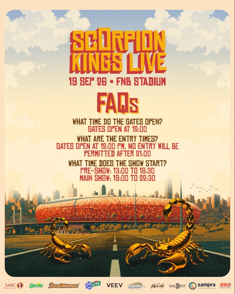 ScorpionKingsLV's tweet photo. 🚨READ CAREFULLY🚨

We are a couple hours away from a historic  #ScorpionKingsLive 🥳

Please read all the slides carefully and ensure you come prepared. Everything you need to know.

Safety first. Sgubhu second. 

Asambe baby 🚀🔥 #SKLive2026 https://t.co/GHKaWXFKKi