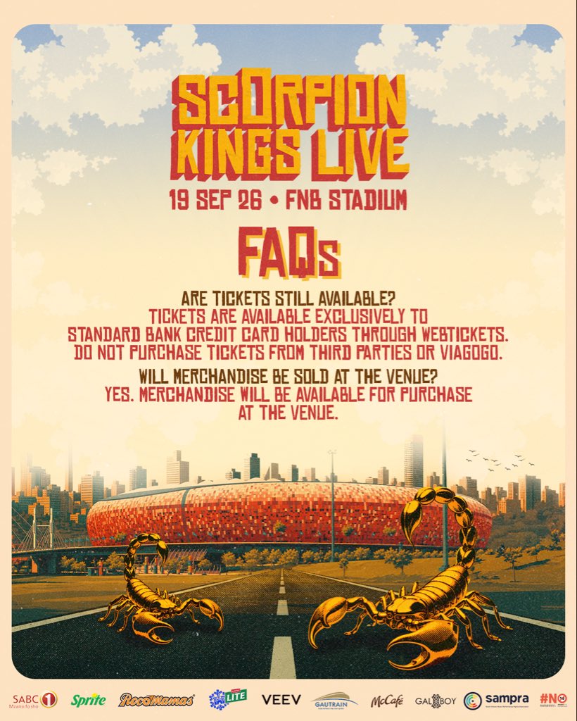ScorpionKingsLV's tweet photo. 🚨READ CAREFULLY🚨

We are a couple hours away from a historic  #ScorpionKingsLive 🥳

Please read all the slides carefully and ensure you come prepared. Everything you need to know.

Safety first. Sgubhu second. 

Asambe baby 🚀🔥 #SKLive2026 https://t.co/GHKaWXFKKi