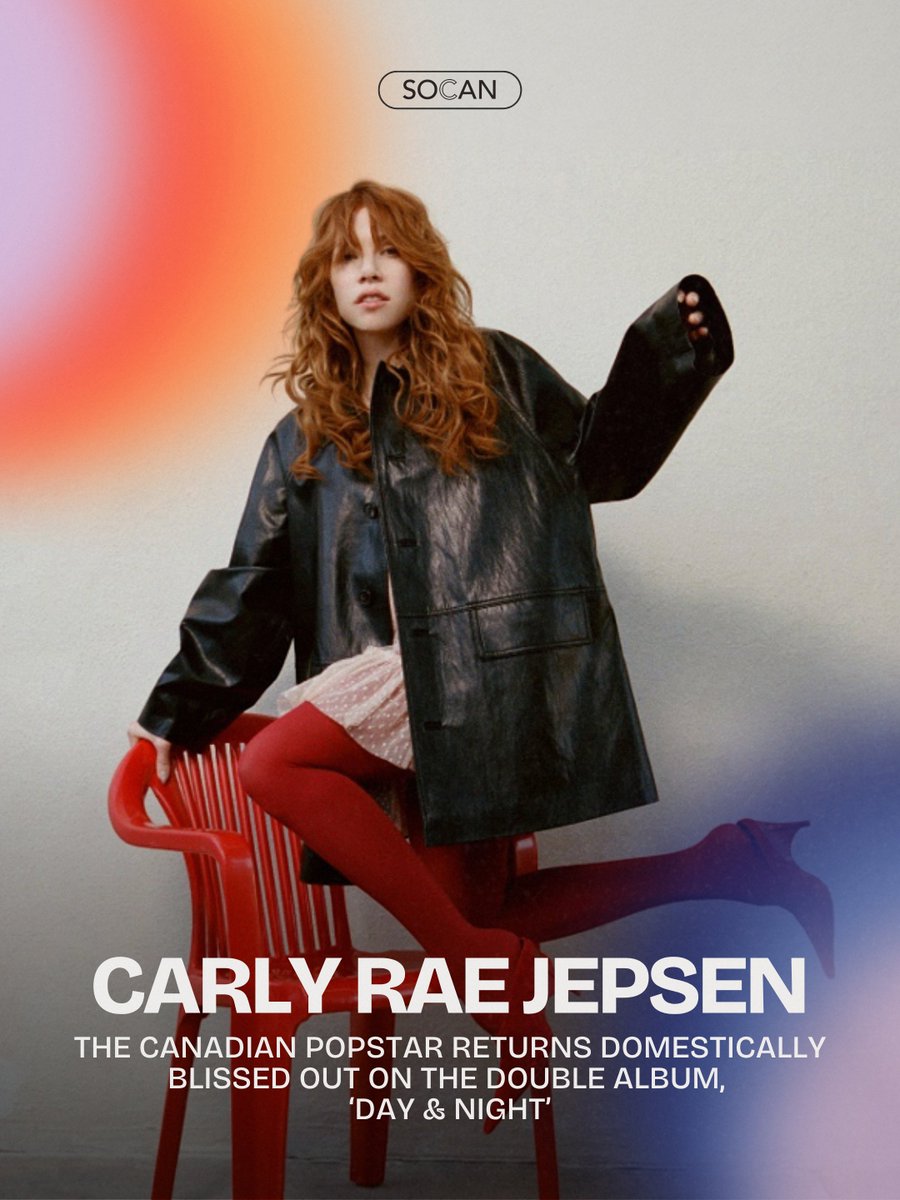 SOCANmusic's tweet photo. Heartbreak, yearning, marriage, motherhood and domestic bliss all find a home of ‘Day &amp; Night’. @carlyraejepsen’s lush new double album and first in more than four years.☀️🌒

Read more 👉 https://t.co/xNECwPXS6U https://t.co/dycbG8swNH