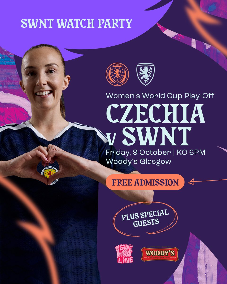 ScotlandNT's tweet photo. Support your #SWNT together 🏴󠁧󠁢󠁳󠁣󠁴󠁿

Join us and The Sideline Podcast at Woody's Bar in Glasgow to watch our away @FIFAWWC Play-off against Czechia 📺

🎟️ FREE Admission
🎉 Special guests
🏆 Prizes up for grabs

➡️ Spaces are limited - book your place now: https://t.co/wF4qb56Ymr https://t.co/oG3nV54Wym