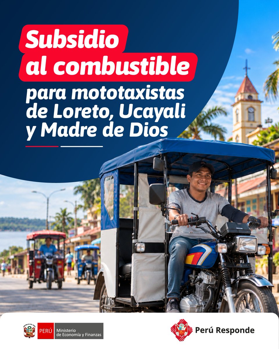 MEF_Peru's tweet photo. #NotaDePrensa | 🛵 Trabajando frente al alza de combustibles para proteger a más peruanos

El Gobierno aprobó brindar un subsidio temporal de S/4 por galón (hasta S/100 mensuales) a los mototaxistas de Loreto, Ucayali y Madre de Dios, para mitigar el impacto en sus costos de operación.

📰 Más detalles: https://t.co/ZnggT4rugZ